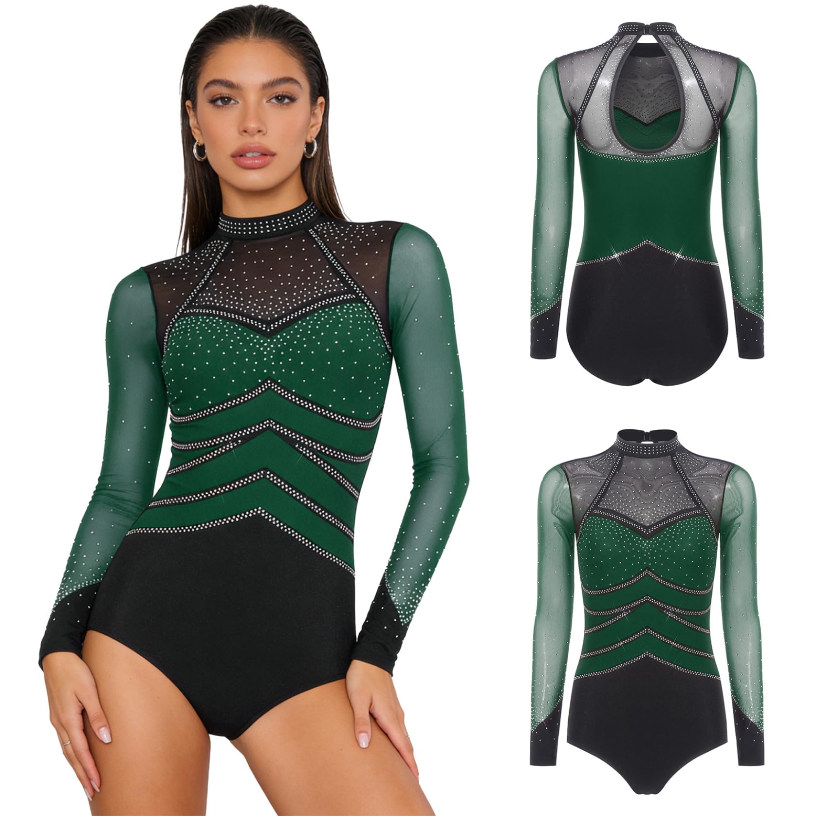 Leotardo Gimnasia Body Maillot de Danza Ballet Mujer Manga Larga con Pedrería Brillante Patinaje Artístico