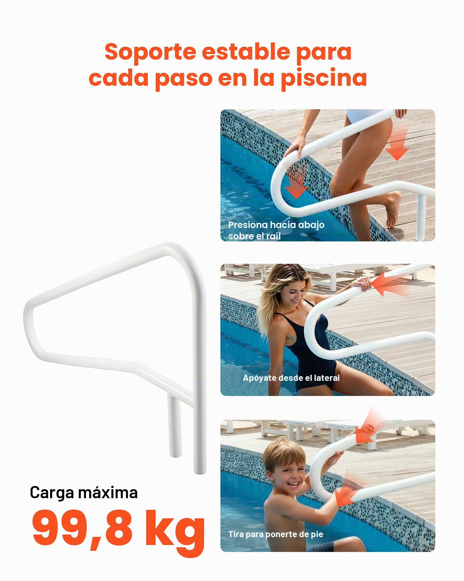 VEVOR Barandilla para Piscina, Carga de 100 kg, Acero Inoxidable, Soldadura sin Juntas, Montaje Empotrado o Sobre Base, para Piscinas, Parques Acuáticos y Spas, 1371 x 48 x 813 mm, Blanco Crema
