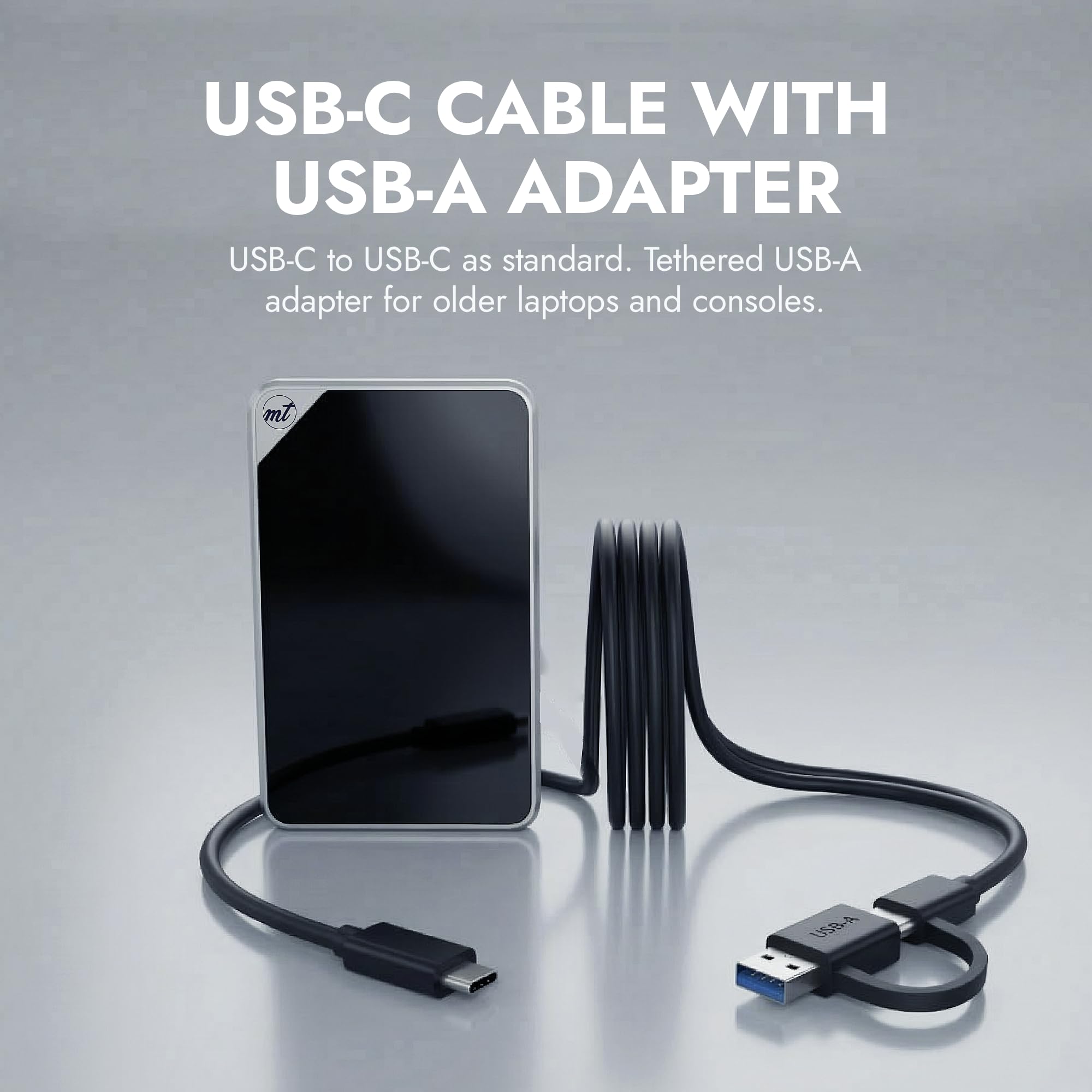 ModusTech Disco rigido esterno portatile in acrilico da 500 GB, USB-C/USB 3.1, con finitura a specchio, UASP, compatibile con PC, Mac, laptop, PS4, Xbox, iPhone, Smart TV (nero)