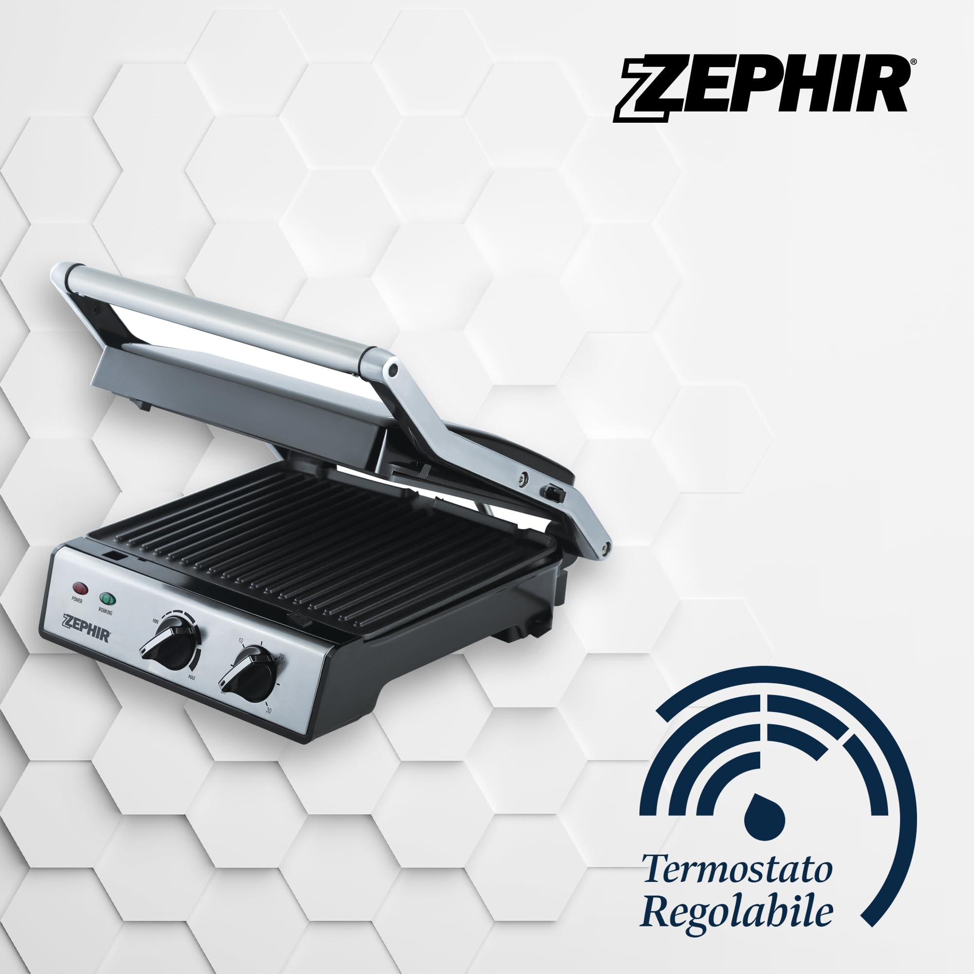 Zephir Bistecchiera Elettrica 2000W con Timer 30 Minuti, Piastre Antiaderenti Amovibili, Apertura 180°, Piastra Regolabile in Altezza, Raccolta Grassi