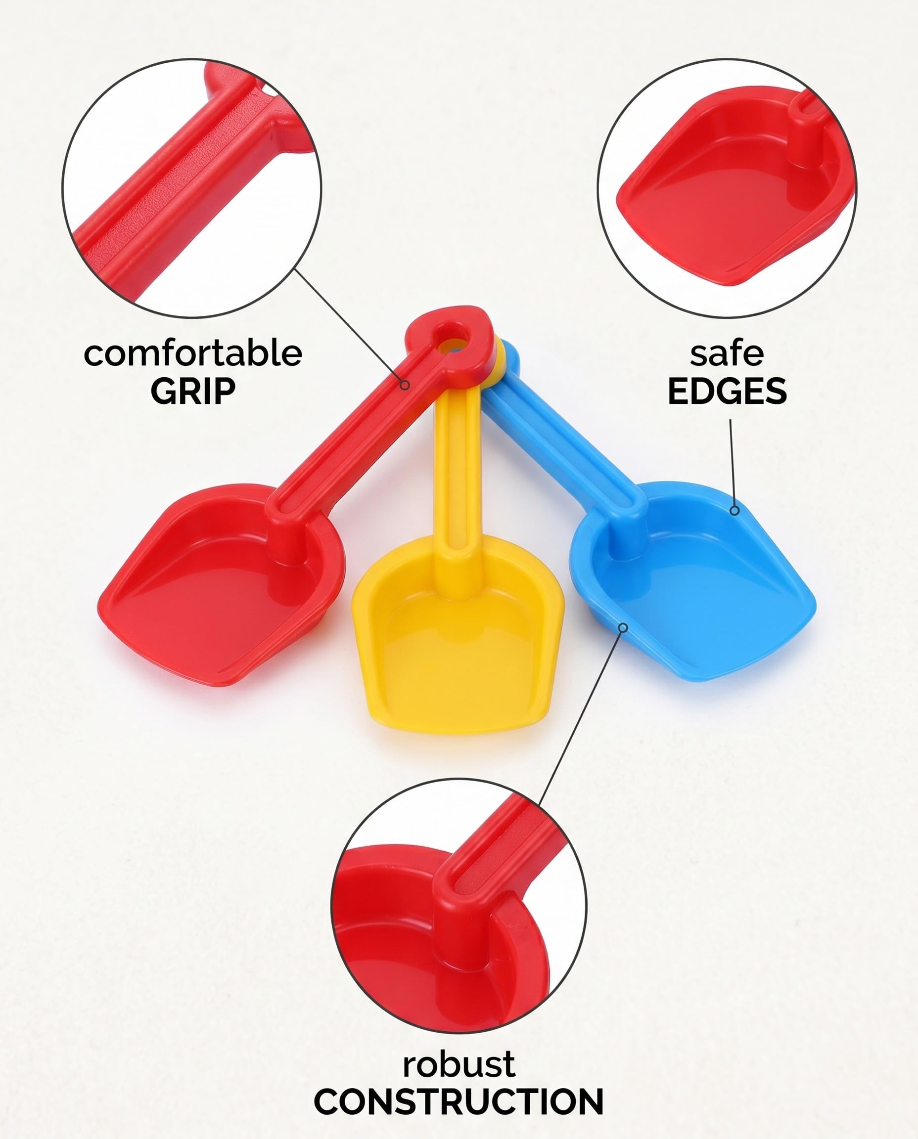 Set De 3 Palas De Playa Para Niños – Resistentes De Plástico En Rojo, Amarillo Y Azul | Perfectas Para Arena, Jardín Y Arenero