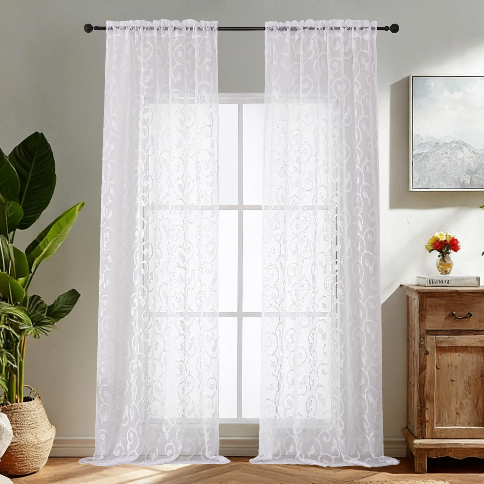 Simplebrand White Sheer Voile Curtains with Embroidered Pattern, 2 Panels 140x245cm, Dual Rod Pocket Light Filtering Floor Length Curtains