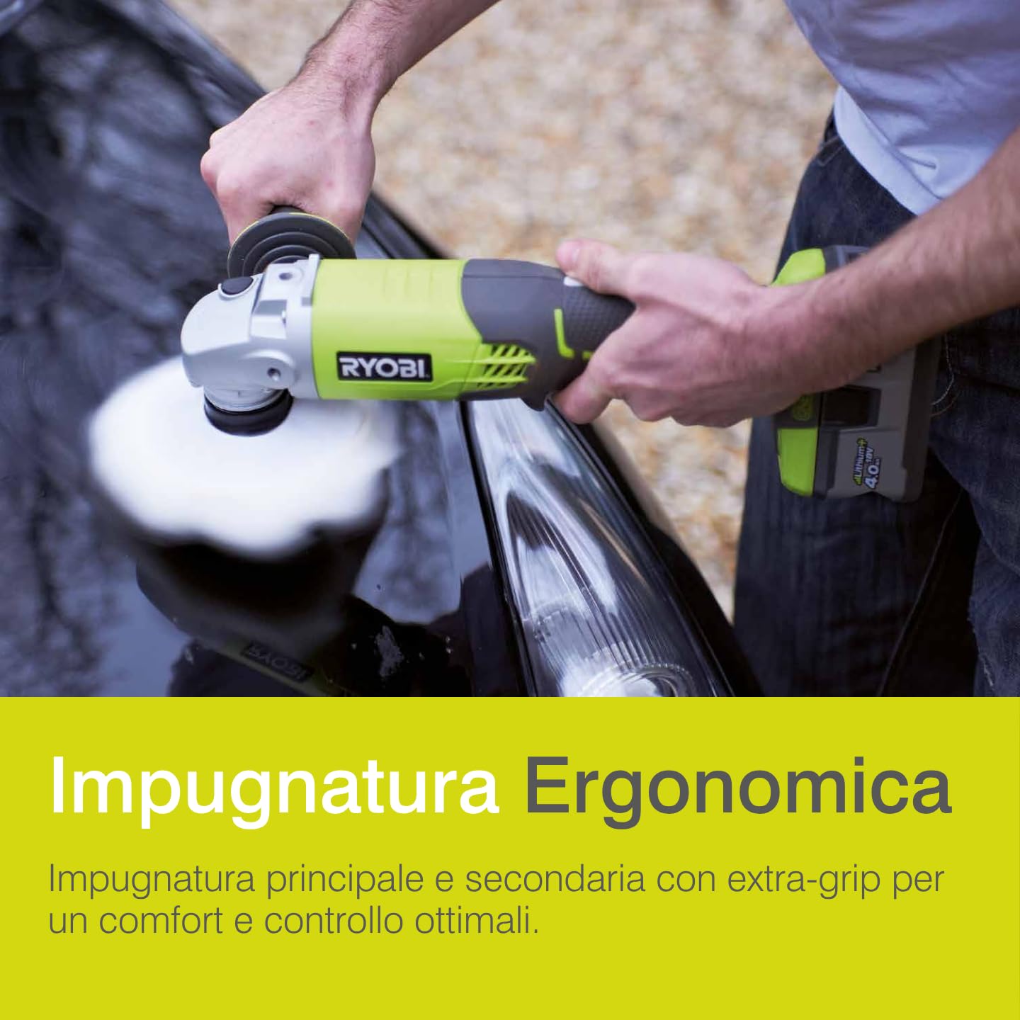 Ryobi R18AG-0 Smerigliatrice Angolare a Batteria 18V ONE+, con Doppio Interruttore di Sicurezza, Carter Regolabile, Batteria Non Inclusa, Diametro Disco 115mm