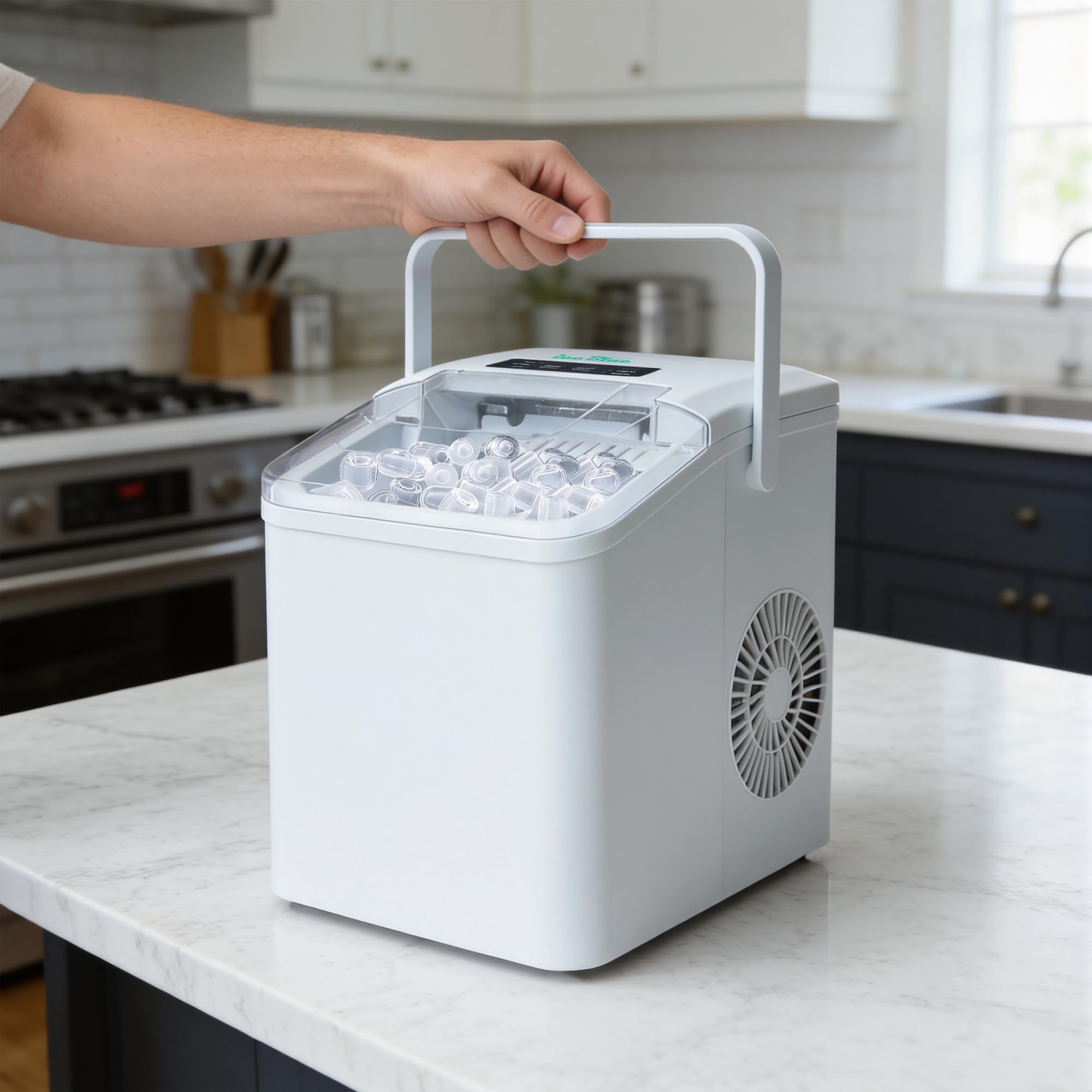 Eismaschine, 2 Größen an Kugeleis Tisch-Eismaschine - weiß | Eismaschine mit täglich 12 kg Eisausstoß, 9 Eisstücke fertig in nur 9 Minuten – ideal für Zuhause, Küche und als Geschenk