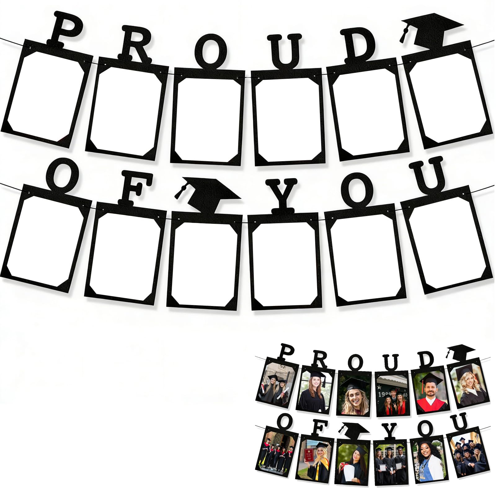 Proud of You Photo Frame Banner, Graduation Decorations Black Empty Paper Photo Frame Bachelor Hat Banner to Display Your Own Photos, Personalised Graduation Party Decorations Photo Props