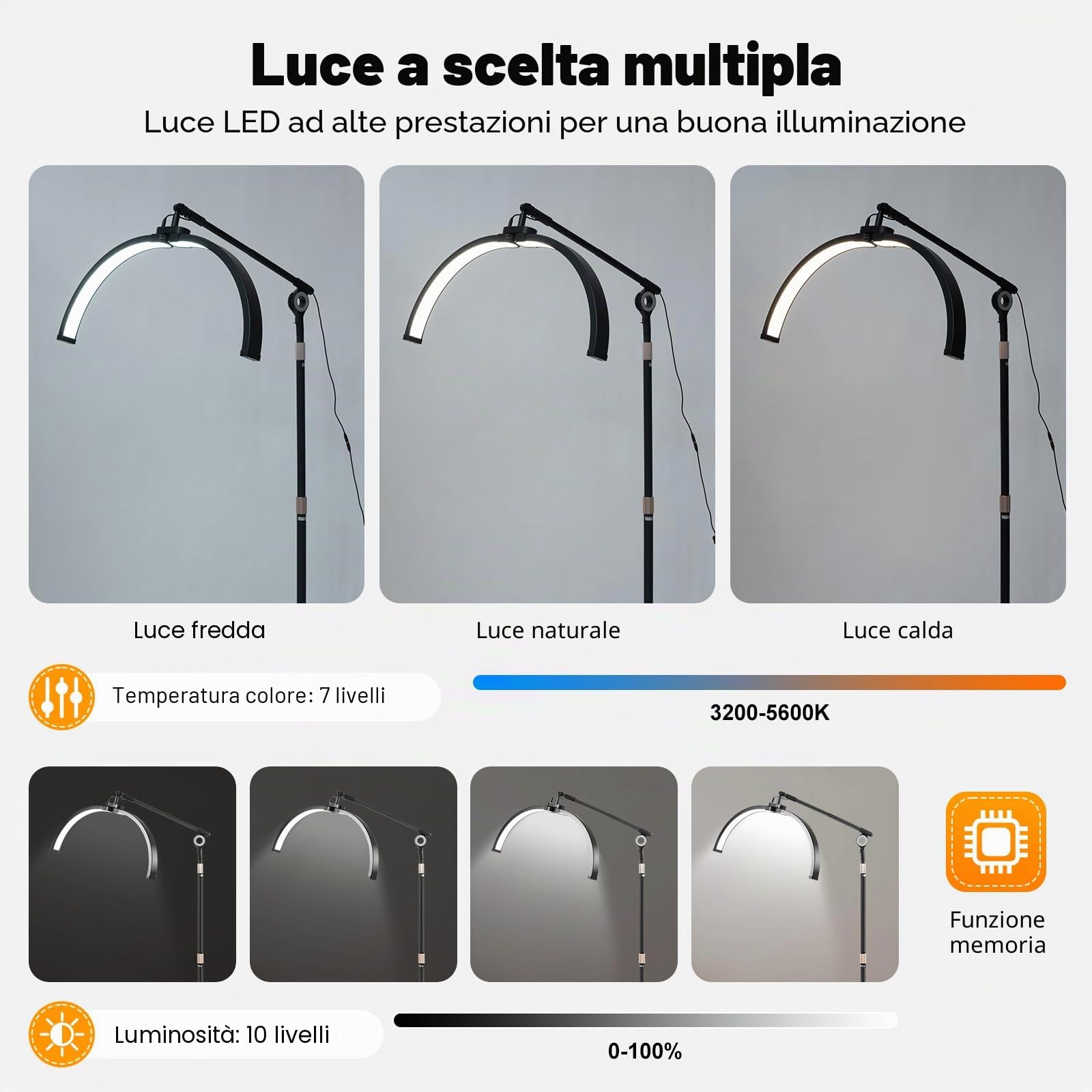 Lampada a mezzaluna, 40 W, LED da pavimento, luce a mezzaluna, angolo di rotazione di 350°, lampada cosmetica regolabile, 7 livelli di temperatura di colore e 10 livelli di luminosità