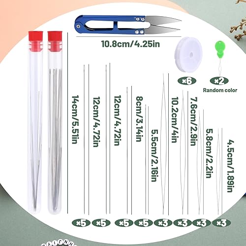 Miniatura 2 de Juego de agujas de cuentas, agujas de cuentas de semillas, 20 hilos rectos para cuentas, 12 agujas de cuentas de ojo grande con 6 cuerdas elásticas