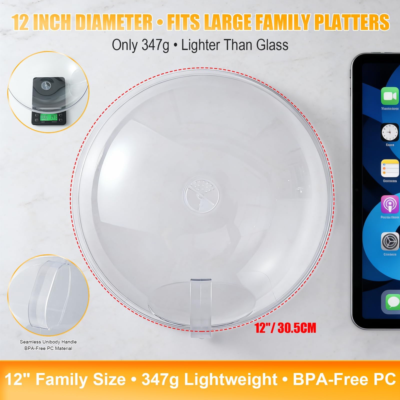 Cubierta para salpicaduras de microondas para alimentos de 12 pulgadas, tapa grande transparente para microondas con asa, cubierta para servir platos esenciales para la cocina del hogar, sin