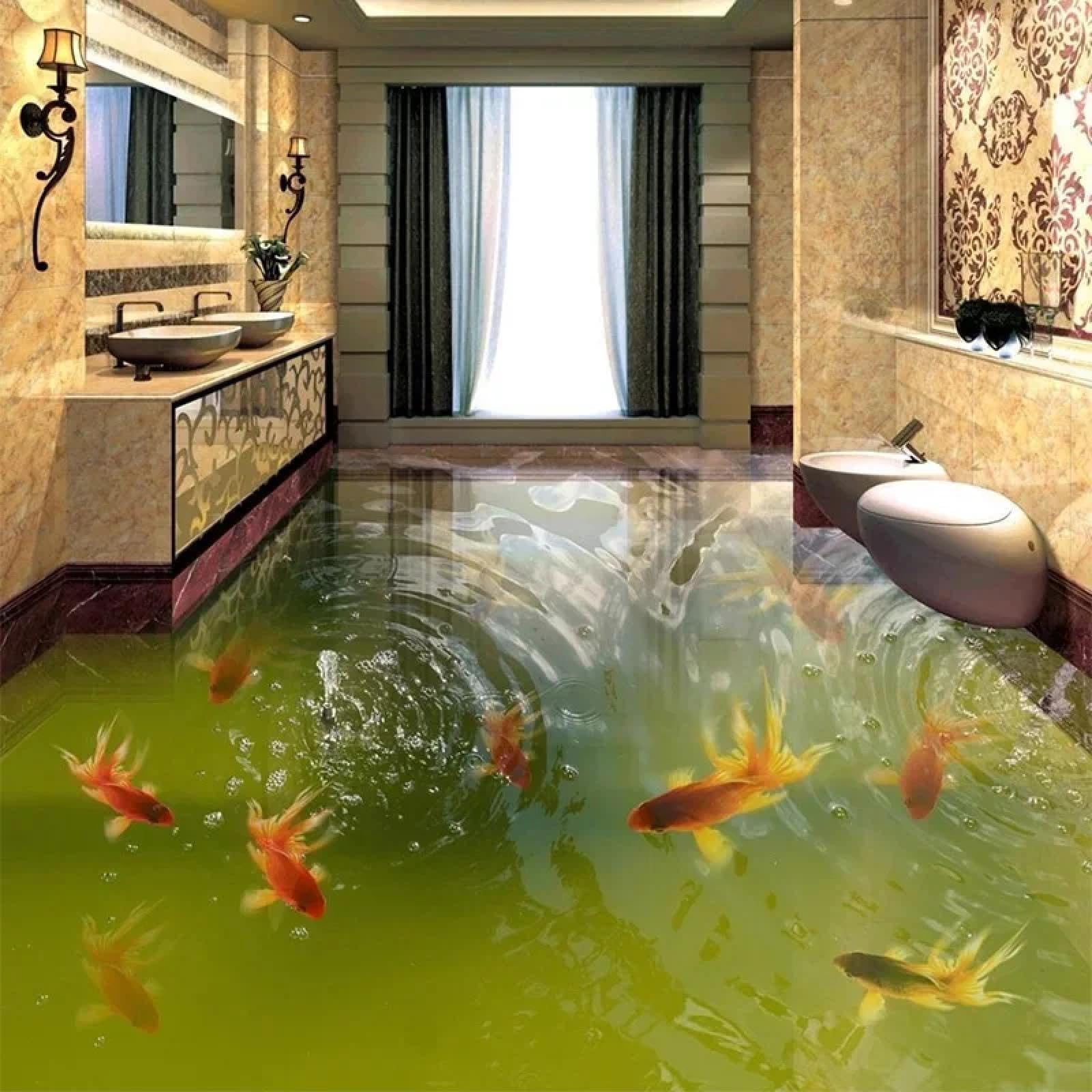Han Man Xiu Wallpaper Self-Adhesive Mural 3D Floor Tile Sticker, Pond, Goldfish, Water Ripples, Bedroom, Bathroom Art Decorative Mural