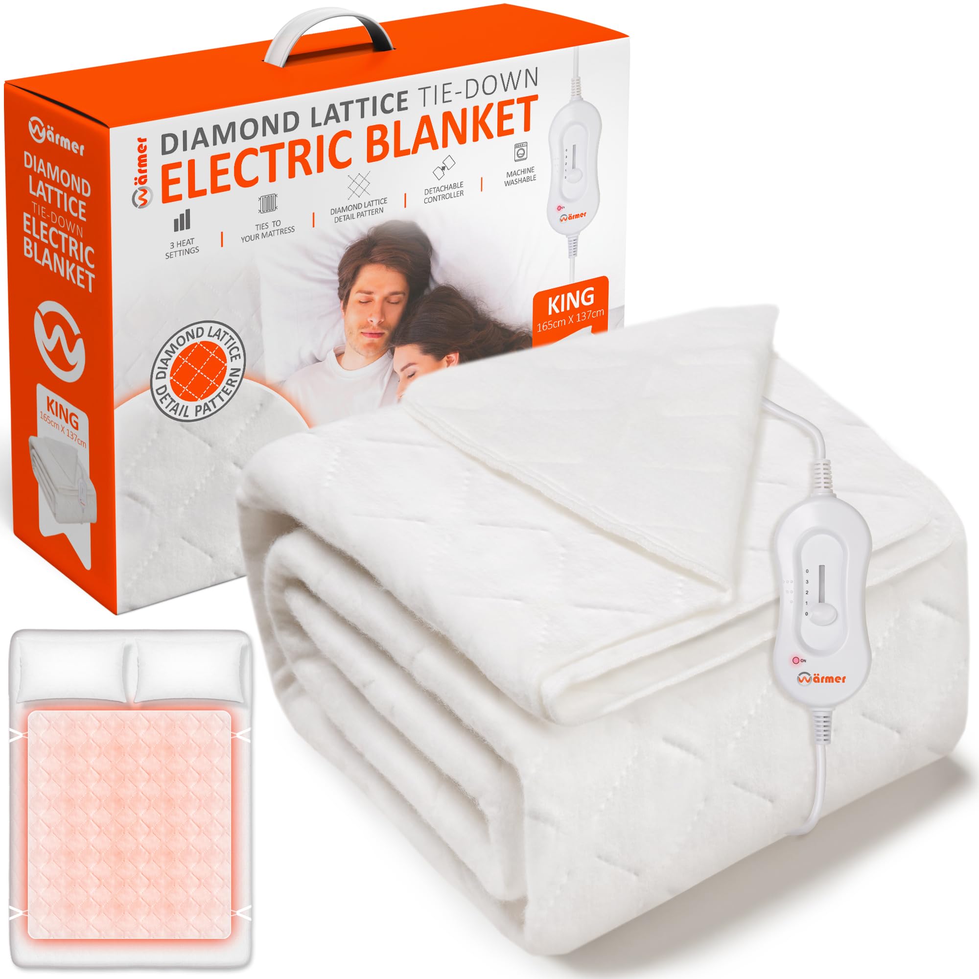 Wärmer King Size Electric Heated Blanket XL165cm x 137cm - 3 Heat Settings, Detachable Co...