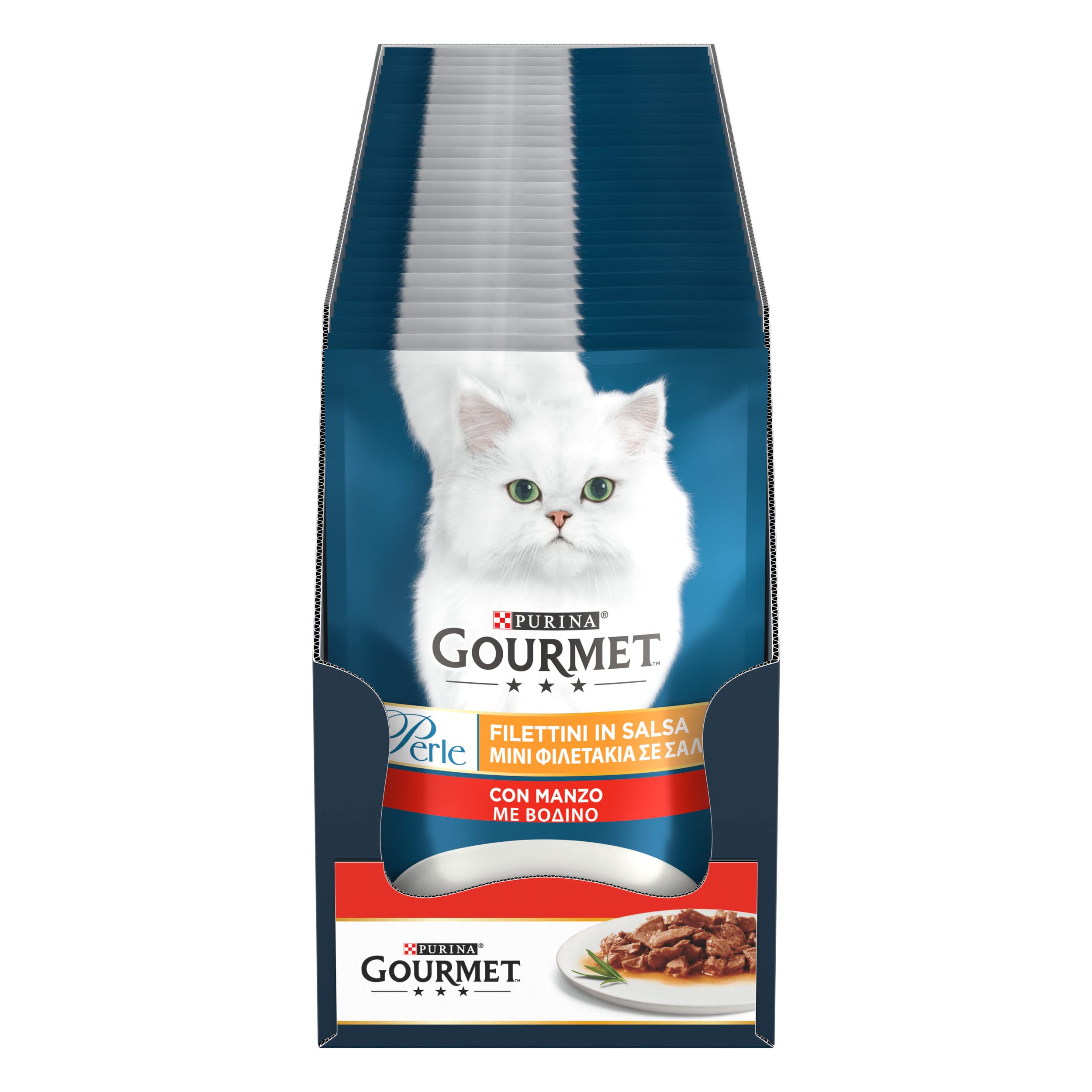 Purina Gourmet Perle Filettini in Salsa Cibo Umido per Gatti con Manzo, 26 Buste da 85g