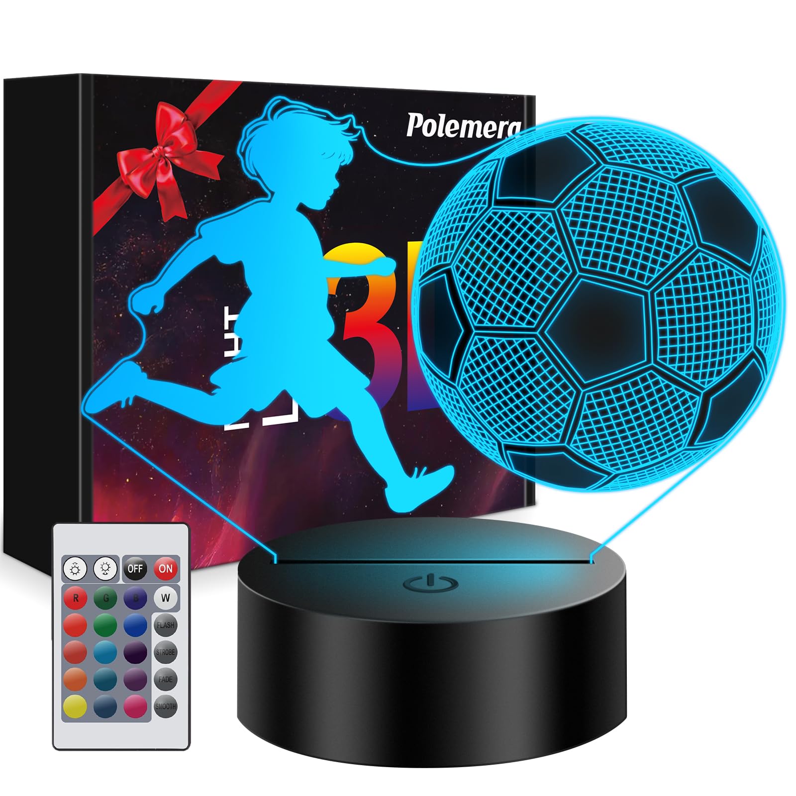 Polemera Fussball Geschenke Jungen Mädchen, Fußball Lampe für Kinder Jungs, 3D Nachtlicht mit 16 Farben ändern durch Fernbedienung, Geburtstagsgeschenk junge 6 7 8 9 10 jahre