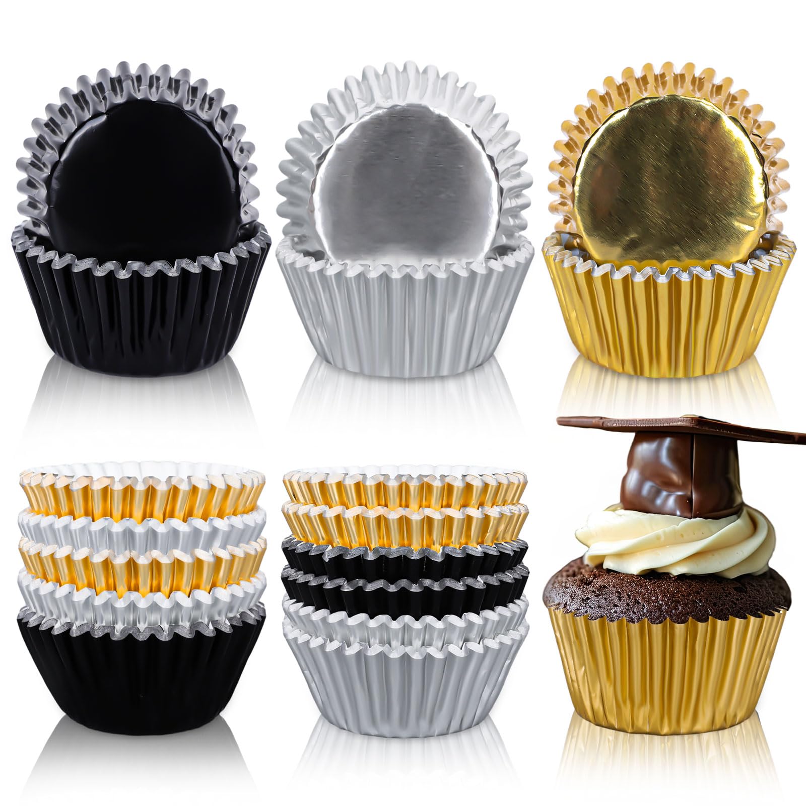 Whaline 150Pcs Graduation Cupcake Liners Congrats Grad Foil Baking Cups Black Silver Gold Foil Metallic Cupcake Wrappers for College High School