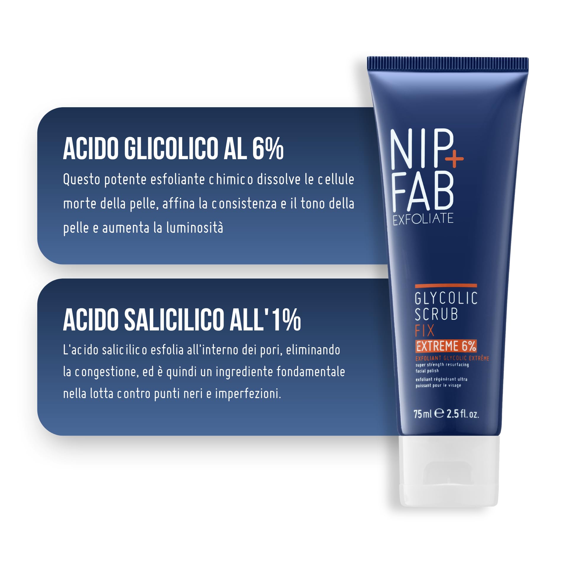 Nip + Fab Glycolic Fix Scrub Estremo – Peeling Viso con 6% Acido Glicolico – Peeling 3-in-1 AHA/BHA per Minimizzare i Pori e Levigare la Pelle, 75 ml