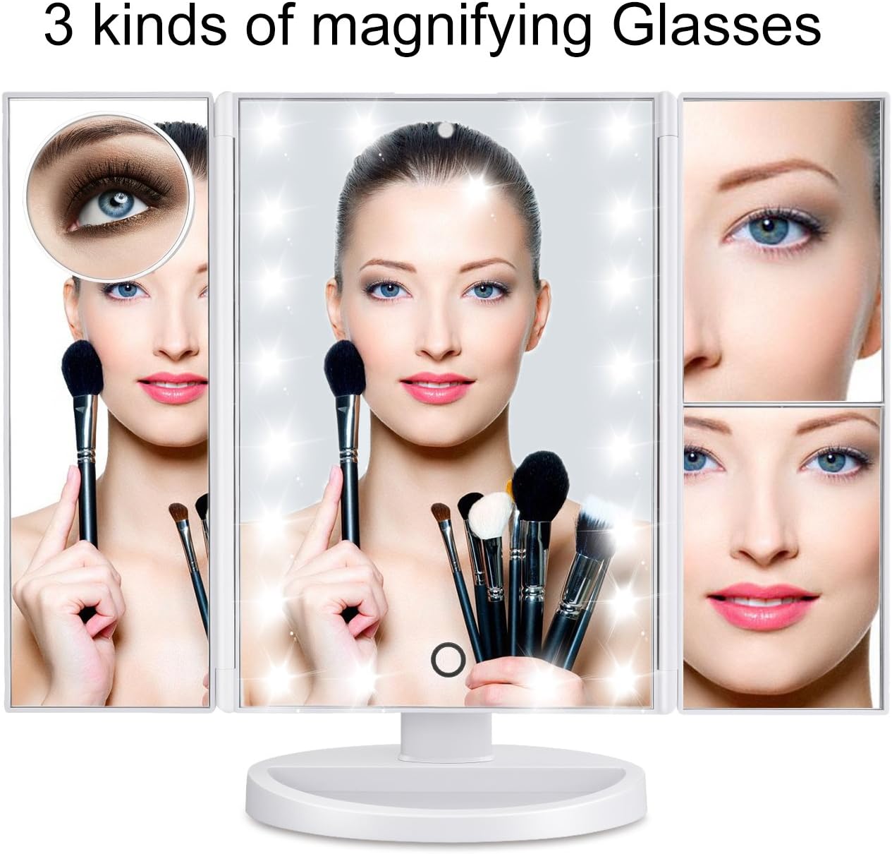 Magicfly Vanity Mirror Lighted Makeup Mirror 10X 3X 2X 1X Magnifying Mirror with 21 LED Lights, Trifold Mirror with Touch Screen, Adjustable Brightness & Stand, Dual Power Supply Mode, White