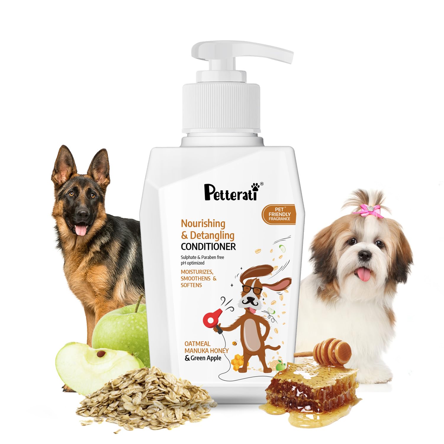 PETTERATI Dog Conditioner 400 Milliliter-Oatmeal & Manuka Honey-Nourishing, Detangling for Golden Retrievers, Labradors, Shih Tzu, German Shepherds-Silky, Shiny Coat