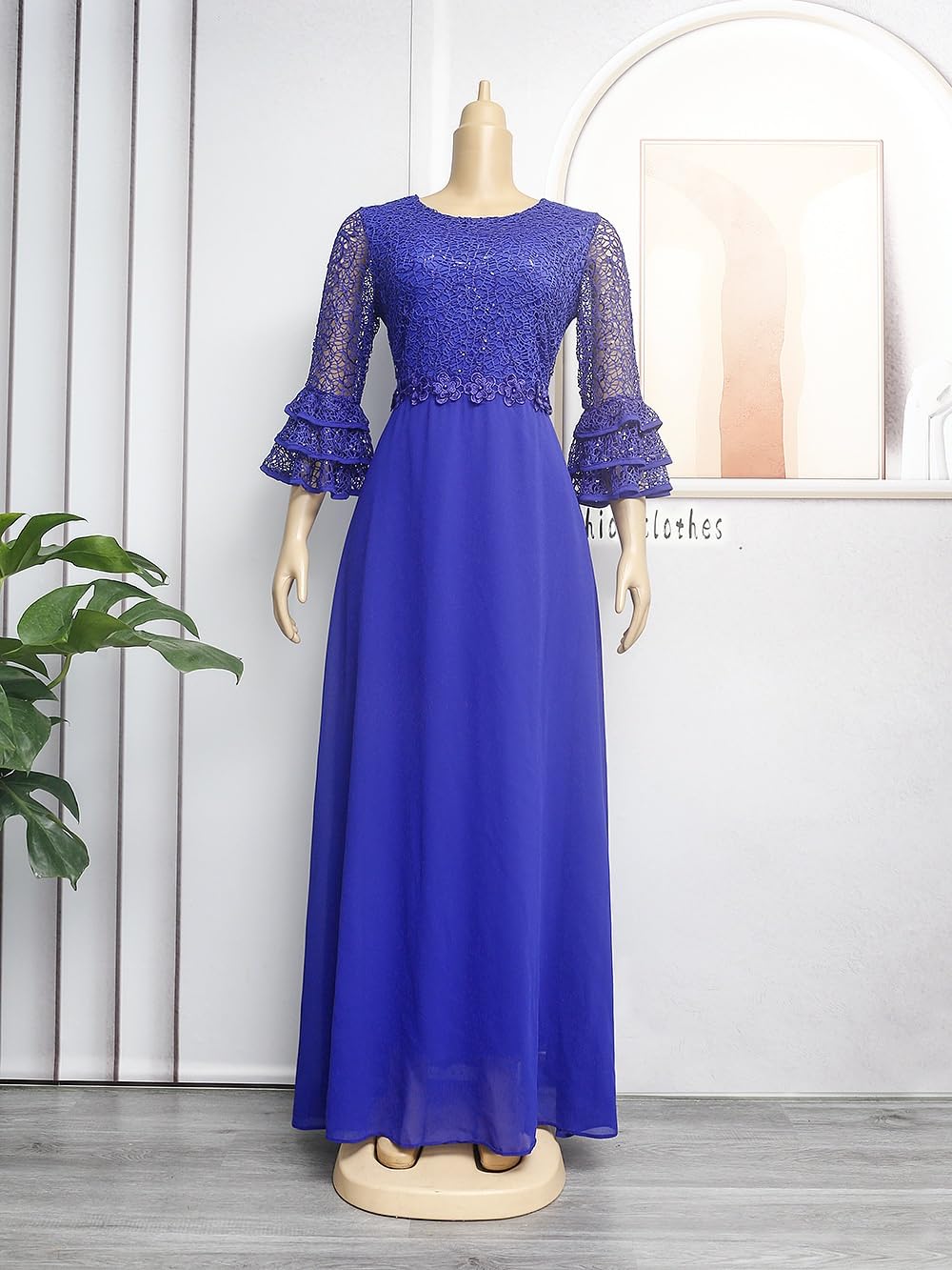 Amazon.com: GHAKKE Women's Elegant Maxi Evening Gown Classic Round Neck  Bell Sleeves Floral Lace Paneled Chiffon Prom Cocktail Dresses (Color : Blue,  Size : XX-Large) : Clothing, Shoes & Jewelry