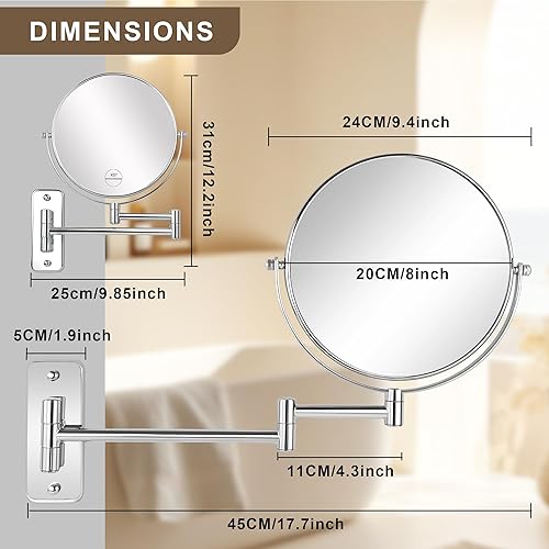 Miniatura 17 de JANEEVA Espejo de maquillaje montado en la pared de 8 pulgadas, espejo de aumento 10X con brazo extensible 360, espejo de tocador de doble cara