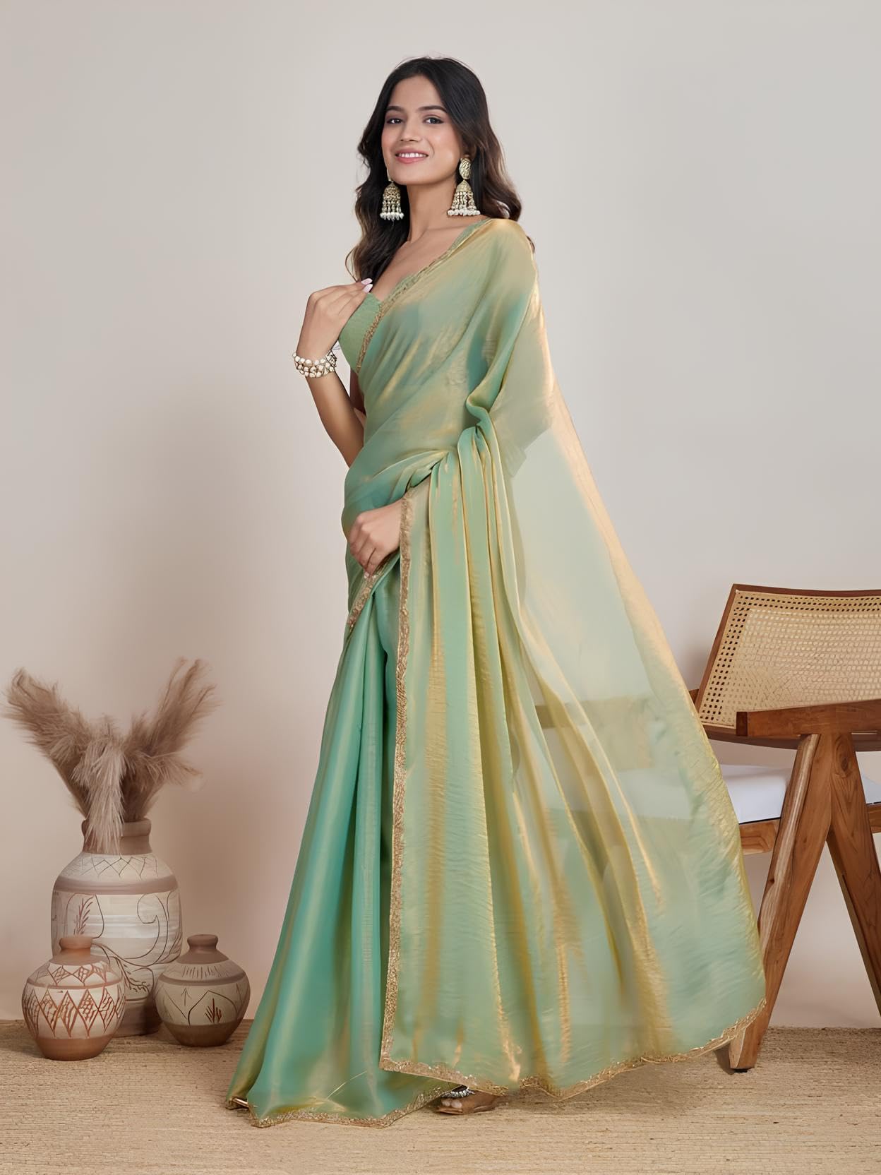Sidhidata Women's Soft Zimmy Choo Fandy Silk Saree With Hand Work Lace Boarder & Comes With Unstitched Blouse Piece (Chhaava Pista_Pista_Free Size) - Image 4 thumbnail