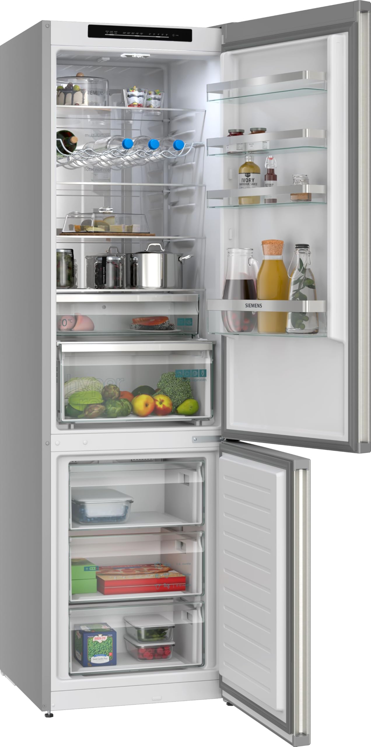 Siemens iQ300 Freistehende Kühl-Gefrier-Kombination 203 x 60 cm, KG39NVIBG, 260 L Kühlen & 103 L Gefrieren, Total noFrost, Nahtlose Platzierung, hyperFresh Technologie, LED Beleuchtung, Edelstahl