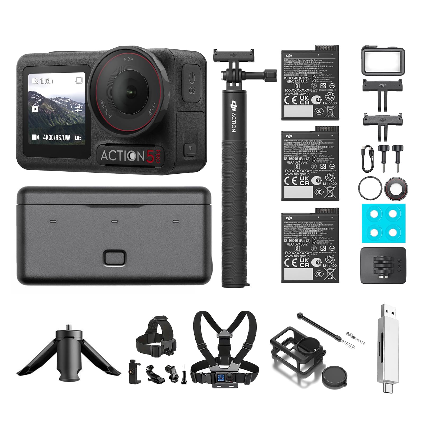 DJI Osmo Action 5 Pro Adventure Combo Mehrere Zubehörteile Bundle, Action Cam 4K mit 1/1.3" Sensor, 12 Std. verlängerte Akkulaufzeit mit 3 Akkus, Zwei OLED Touchscreens, Unterwasserkamera