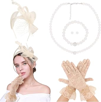 CAVETEE Fascinator for Women Tea Party, Tea Party Headpiece and Lace Glove Set for Women 1920s Party
