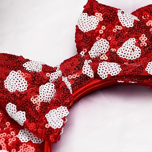 Miniatura 4 de Diademas de orejas de ratón con lazo con purpurina para el día de San Valentín, diadema de lentejuelas rojas con patrones de corazón, orejas de