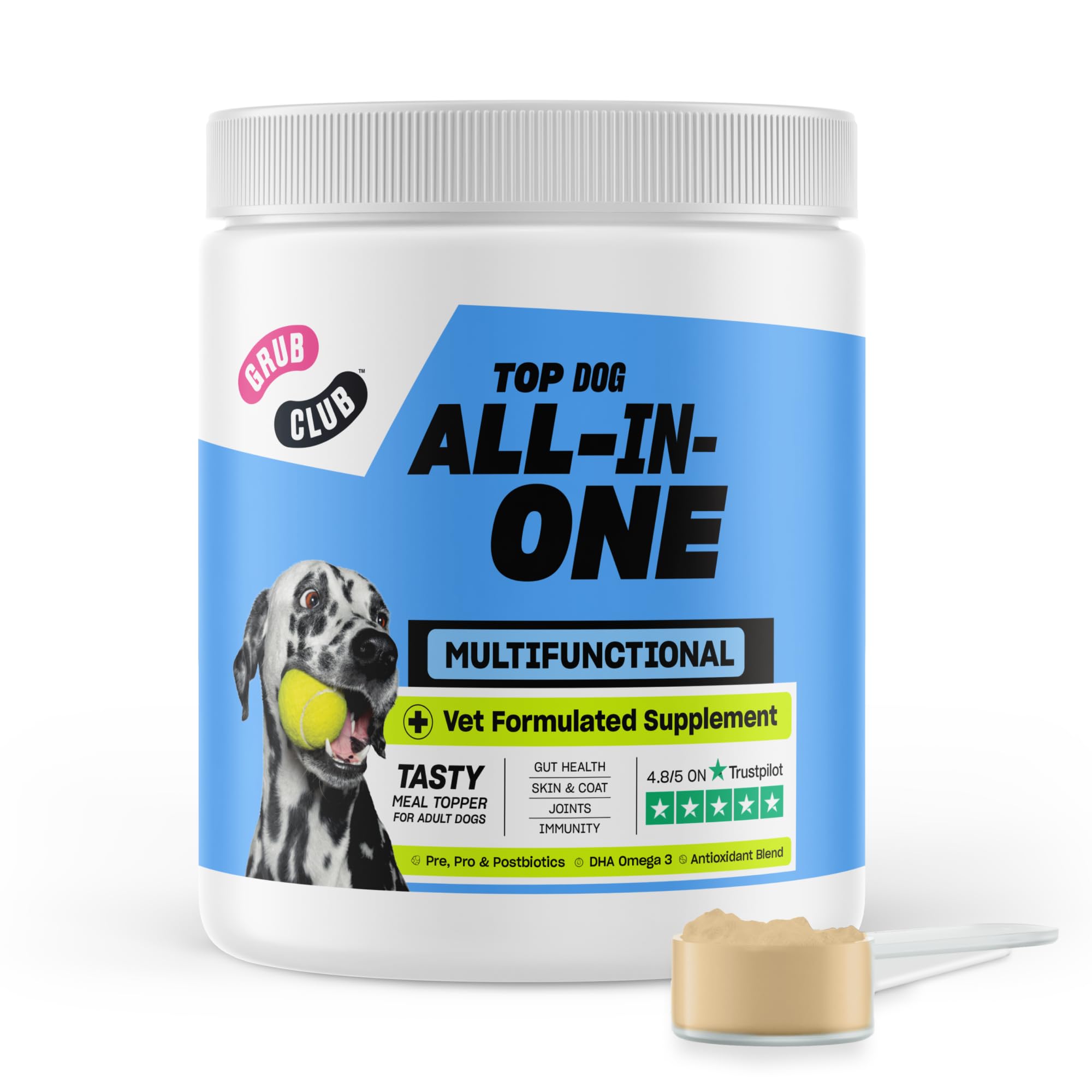 Grub Club Top-Dog All In One Dog Food Topper (300g - Up To 2 Months Supply) - Dog Health Supplement Topper With Glucosamine, Prebiotic Fibre, Probiotics For Dogs, Omega 3 & Vitamins - Made In The UK