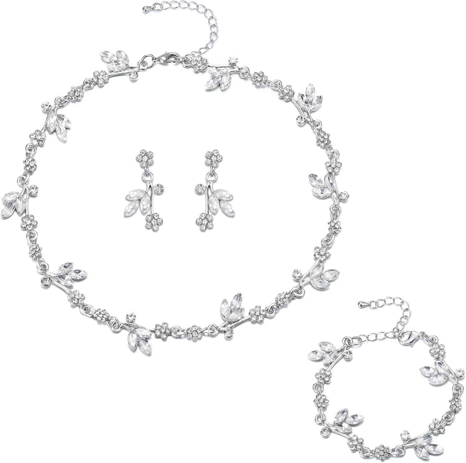 EVER FAITH Bridal Wedding Jewelry Set for Bride Bridesmaid Rhinestone Crystal Flower Leaf Choker Necklace Dangle Earring Link Bracelet Costume Accessories for Women