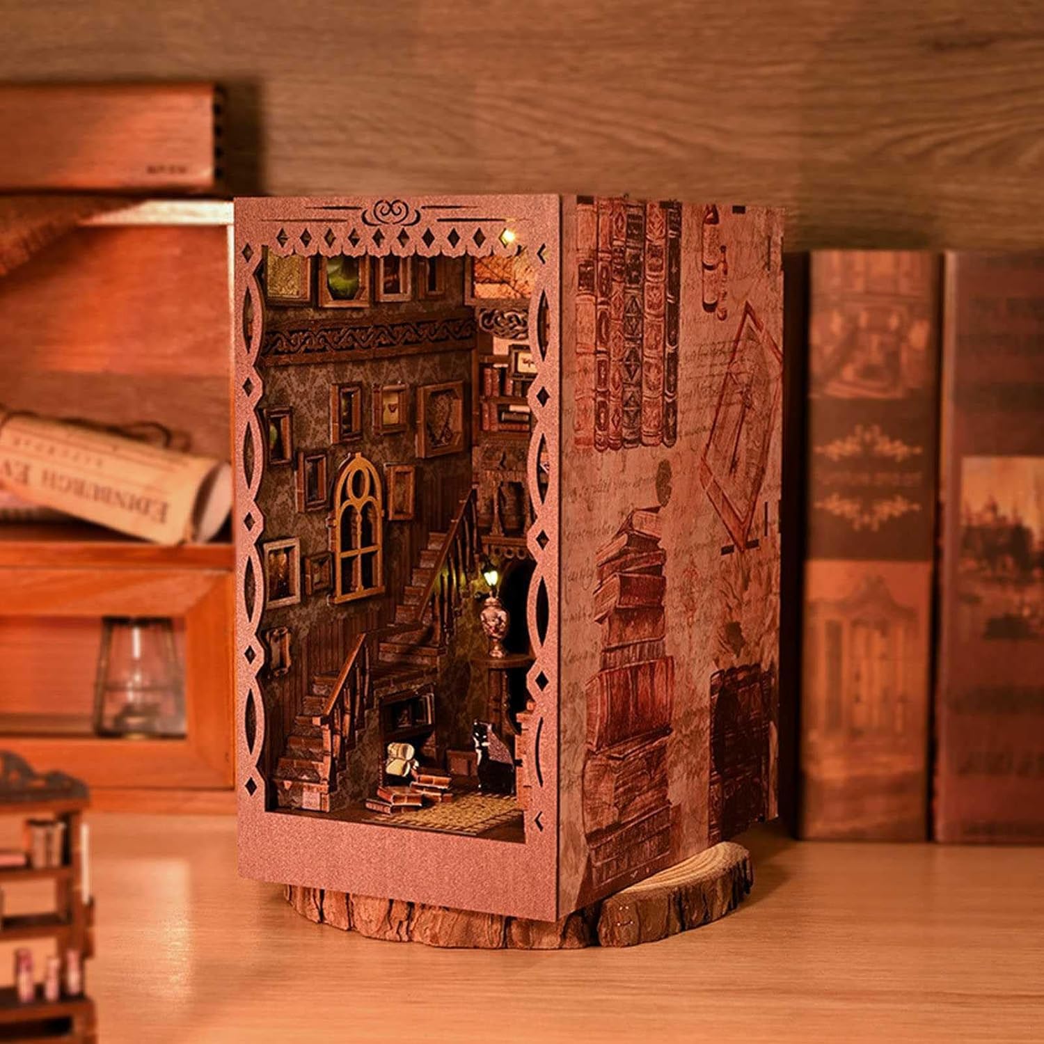 Model edukacyjny Zestaw kącika książek, DIY domek dla lalek Booknook wstaw wystrój alei, drewniane puzzle 3D ze światłem, edukacyjne zestawy do budowania półek na książki, budowanie modeli regałów