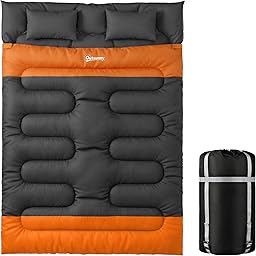 Outsunny Double Sleeping Bag with 2 Pillows, 220 x 160 cm Extra-Large Sleeping Bag for Adults, Detachable into Two Singles or Quilts, for Camping, Hiking