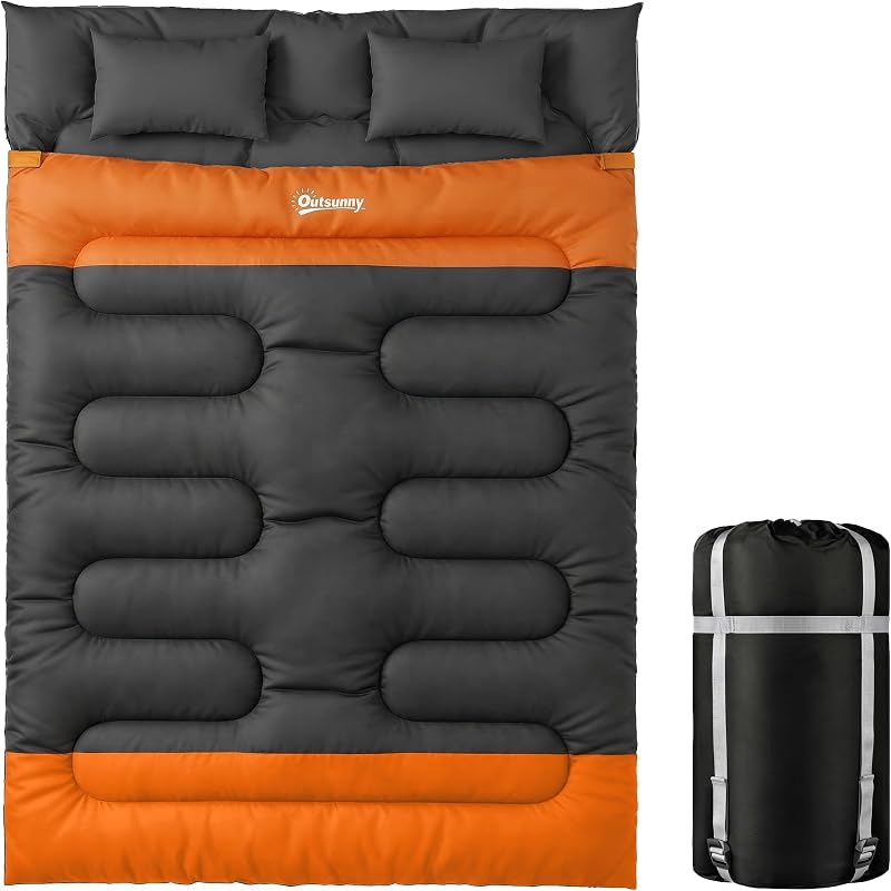 Outsunny Double Sleeping Bag with 2 Pillows, 220 x 160 cm Extra-Large Sleeping Bag for Adults, Detachable into Two Singles or Quilts, for Camping, Hiking