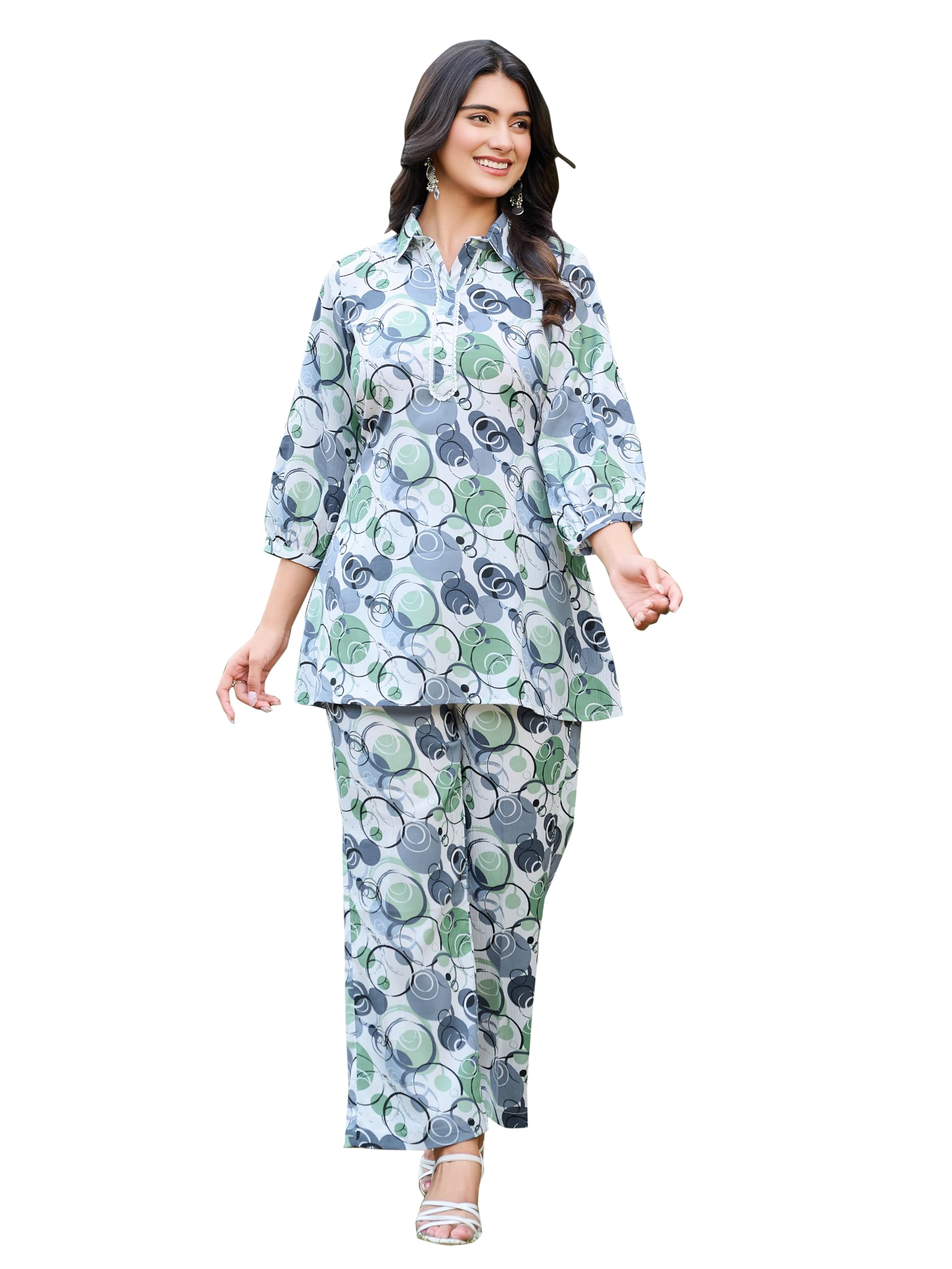 Women's Printed Silk Blend Grey Shirt Trousers Co-Ords(VC_5016CO)-image-48