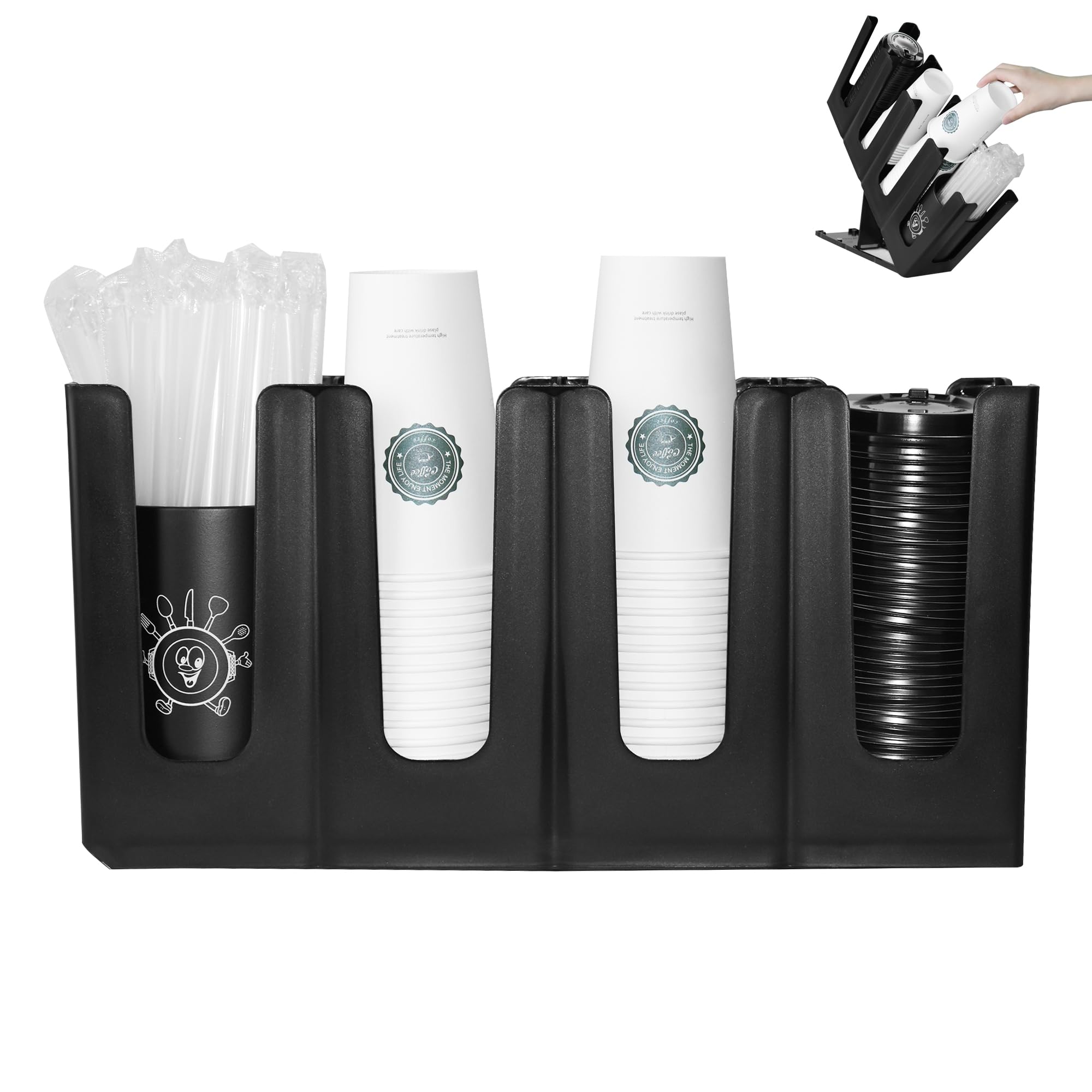 HEWASME Cup Holder Lid Dispenser with Straw Organizer,Disposable Coffee Cup Dispenser,Cup Storage Organizer for Breakroom Countertop Coffee Station