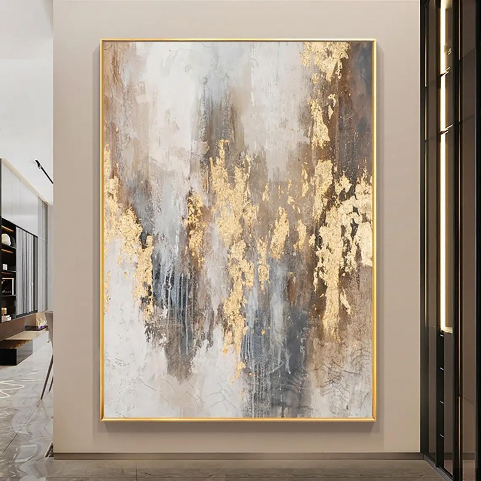 HOLEILUCK Large Gold Foil Decor Abstract Wall Art Framed Painting Big Wall Art On Canvas Artwork For Home Decor 80x105cm/31x41inch With-Golden-Frame