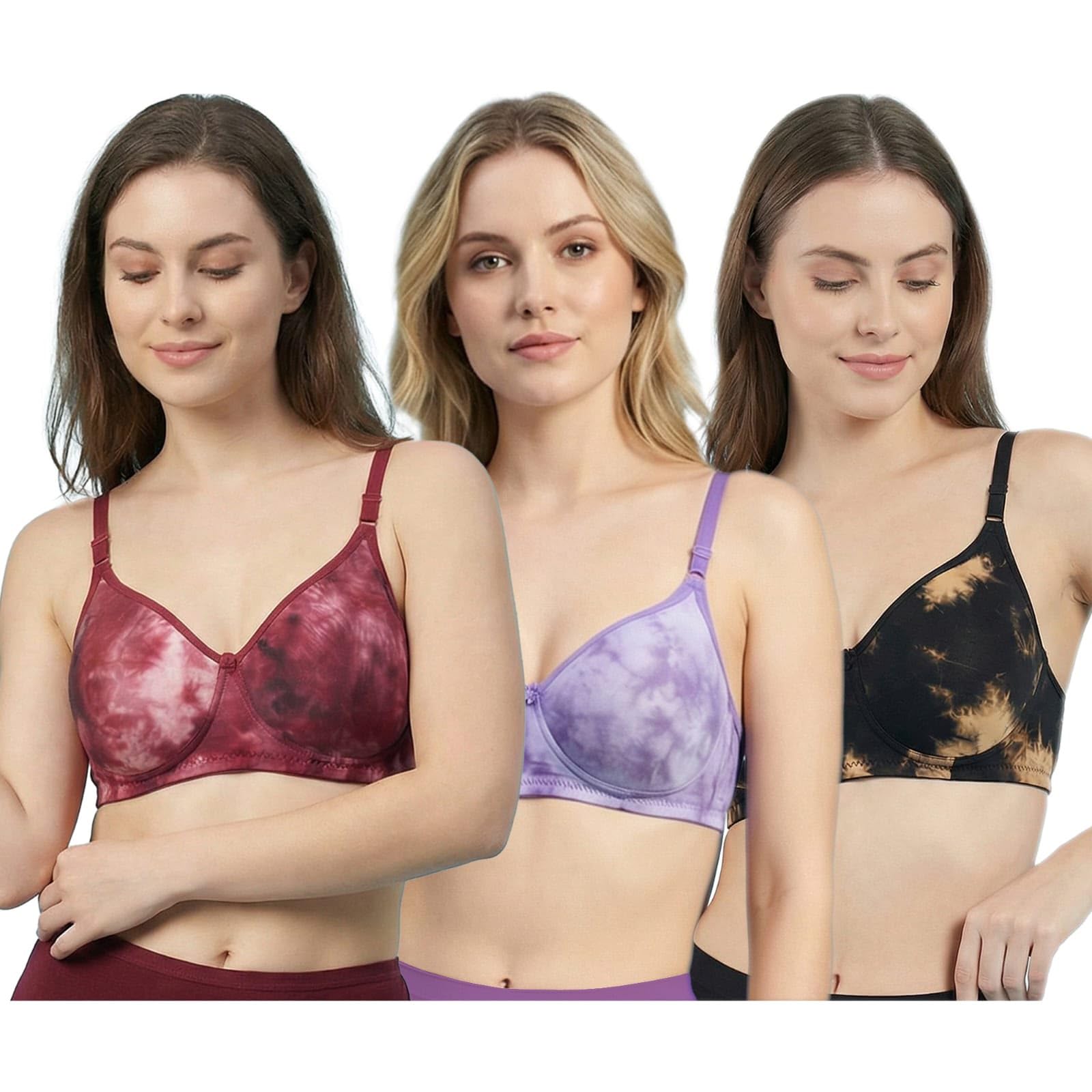 Women's Tie Dye Printed Non-Padded Bra Pack of 3 | Full Coverage Everyday Bra | Soft Cotton Blend Wireless Bra | Adjustable Straps Comfort Bra for Women & Girls | Multicolor-picture-41