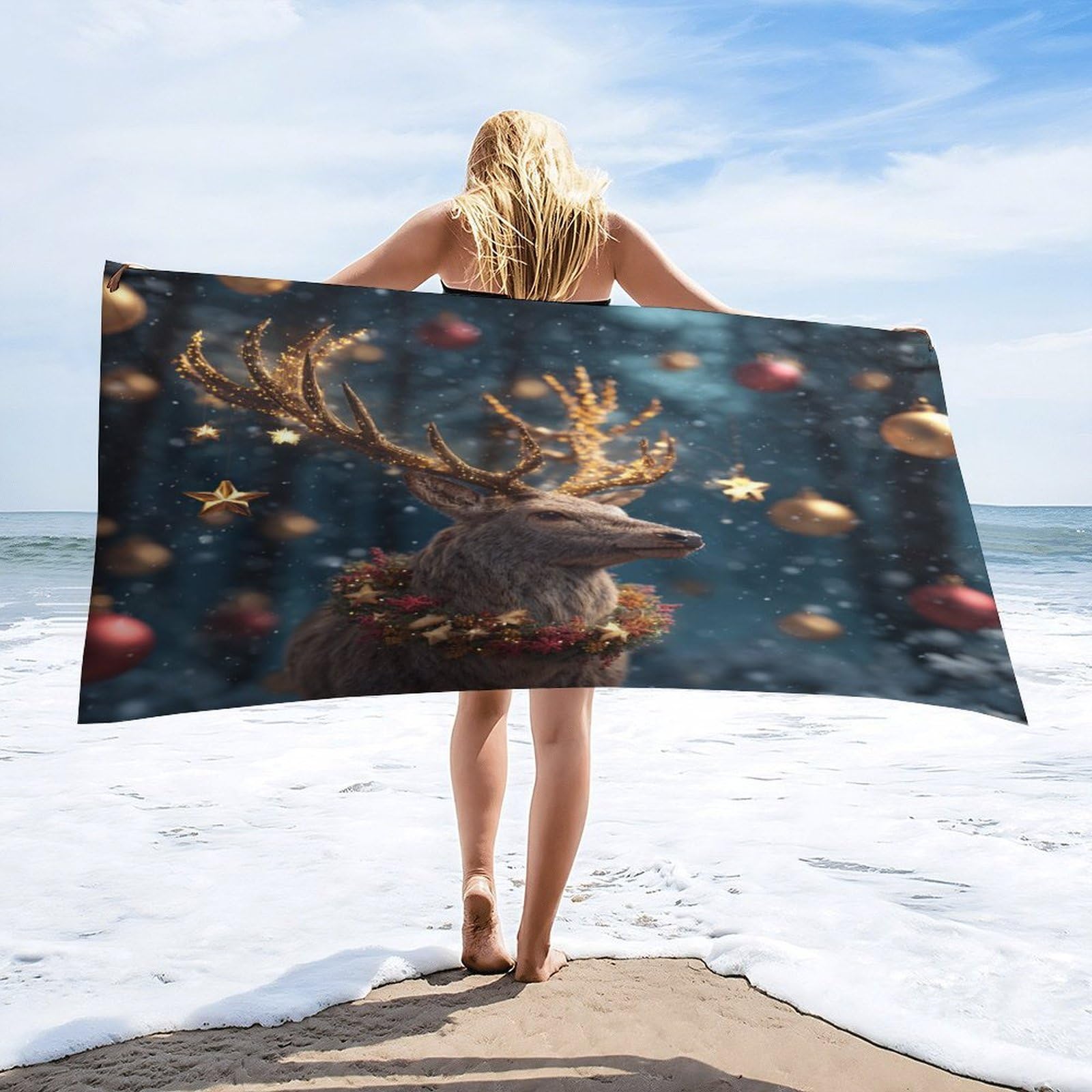 Luyysky Fantasy Realistic Animal Deer Absorbent Beach Towel, Beautiful Classic Merry Christmas Winter Snowy Scenery Wildlife Elk Outdoor Single-Sided Velvet Beach Towel-80 W Cm X 160" L Cm