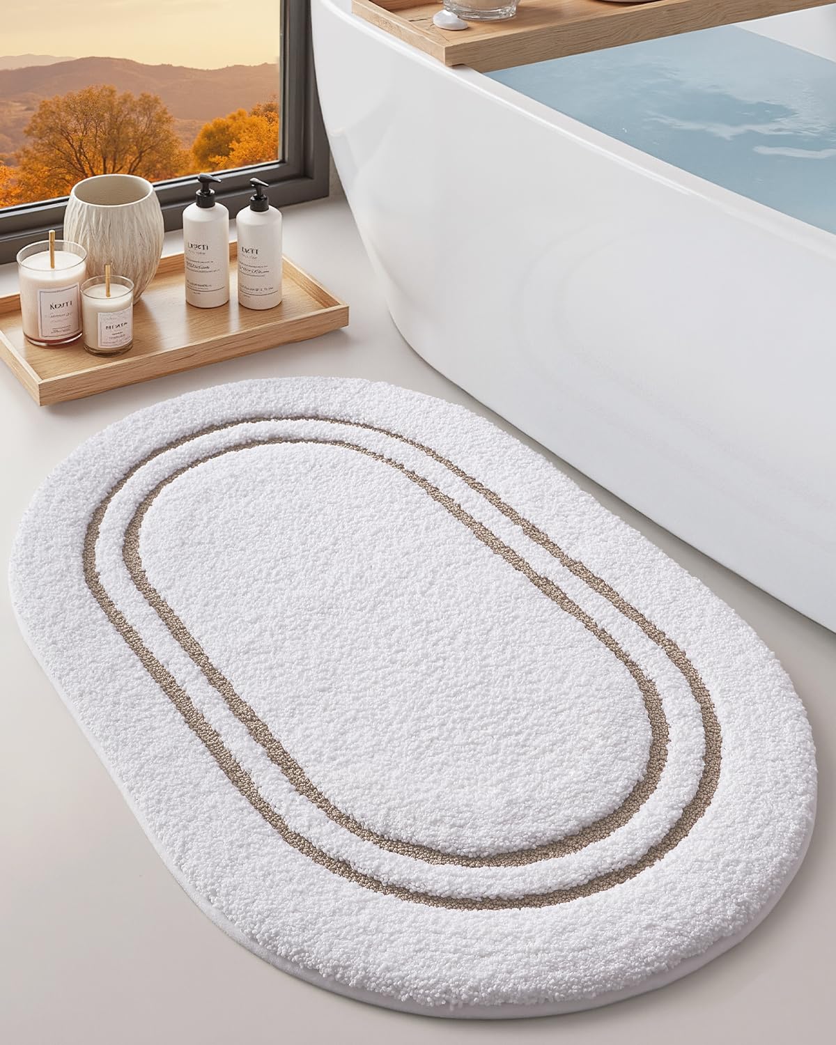 DEXI Tappeto da bagno antiscivolo, lavabile, assorbente, in morbida microfibra, tappeto da bagno ovale per pavimento del bagno, doccia, WC, lavandino, 61 x 91,4 cm, beige