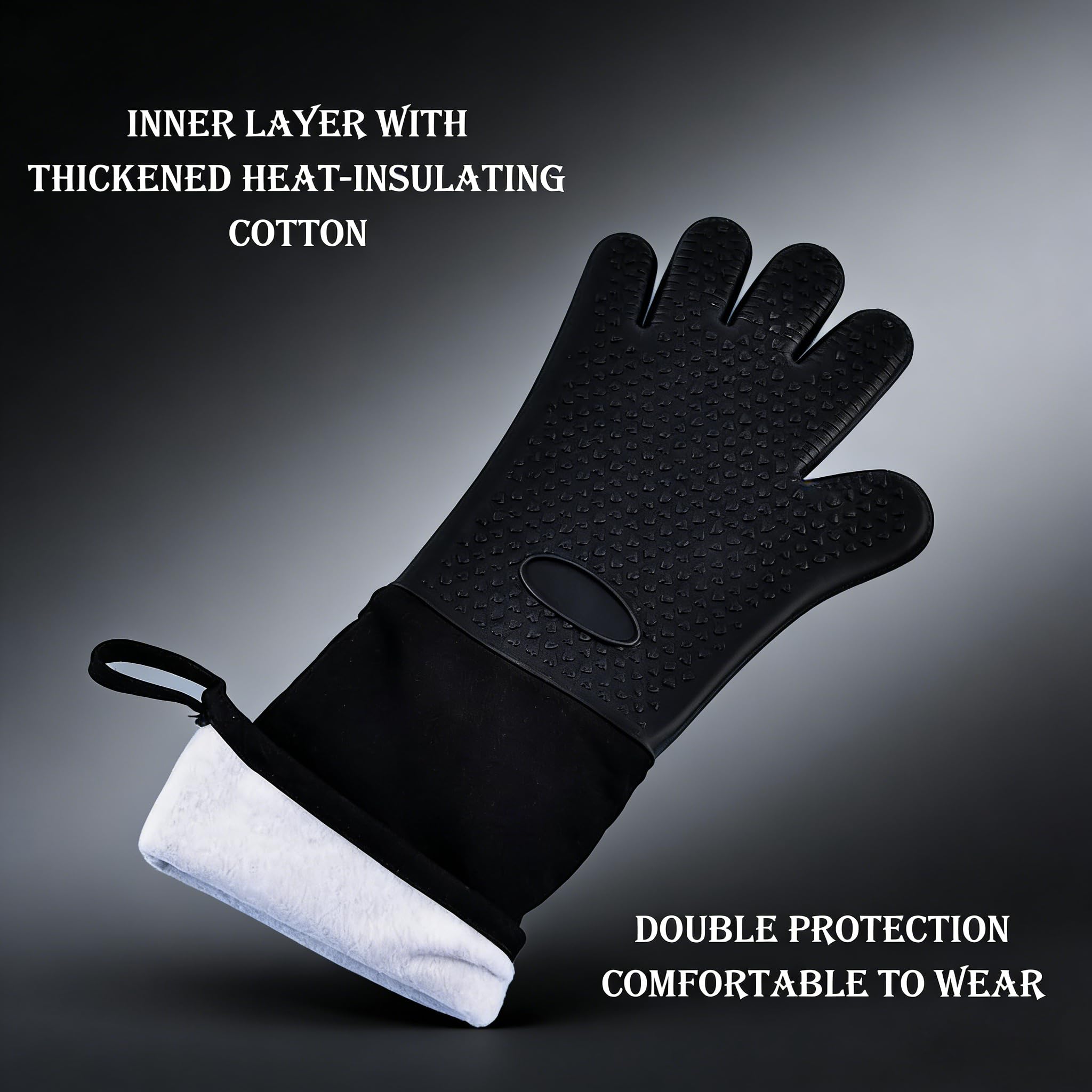 Guantes de silicona extra largos resistentes al calor (20 pulgadas), guantes de horno mejorados con silicona gruesa, antiquemaduras y anticongelante, guantes gruesos con forro de algodón para soportes