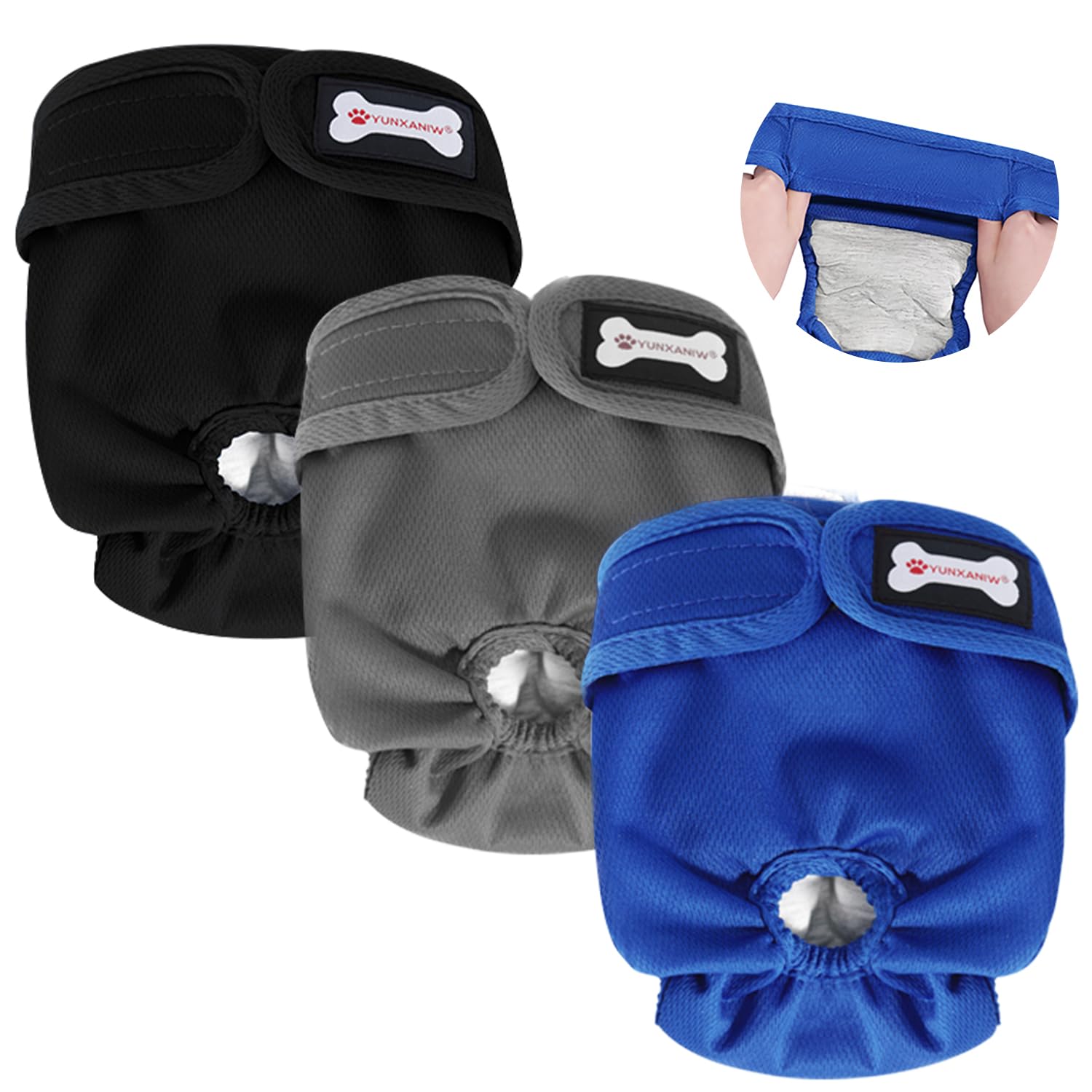 3 Pack Female Dog Diapers,Reusable Nappies for Doggie in Heat,Highly Absorbent Dog Nappies Female for Pet Incontinence with Adjustable Snaps (BLACK/GRAY/BLUE