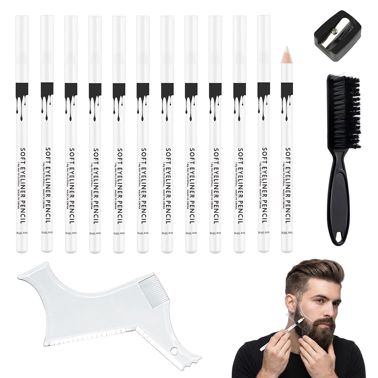 12 Matita Bianco Barber, Compreso 1 Modello Barba, 1 Temperamatite e 1 Spazzola, Matita Barbiere Bianco per Disegnare Il Contorno Dei Capelli E Modellare La Barba
