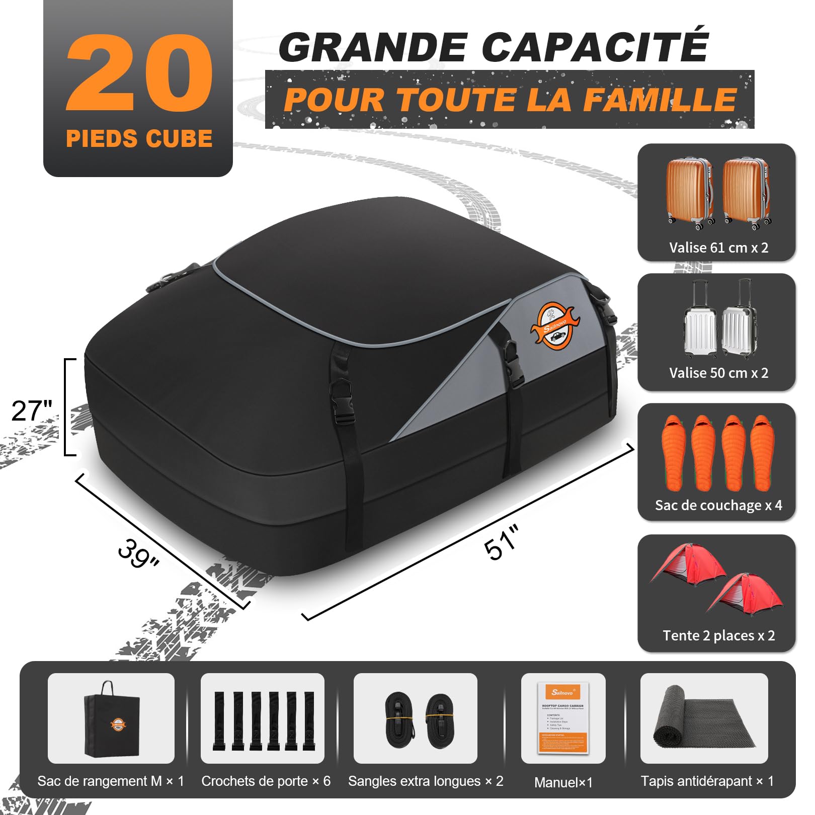 Sailnovo Cofre de Techo, 580 l, Cofre de Techo Impermeable con o sin portaequipajes, 6 Ganchos de Seguridad y Bolsa de Almacenamiento incluidos.