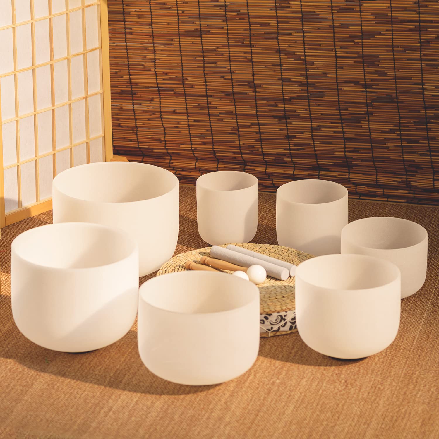 KVKA Set di campane tibetane in cristallo, 15-30 cm, 440 Hz, per yoga, meditazione, rilassamento, antistress, con borsa per il trasporto