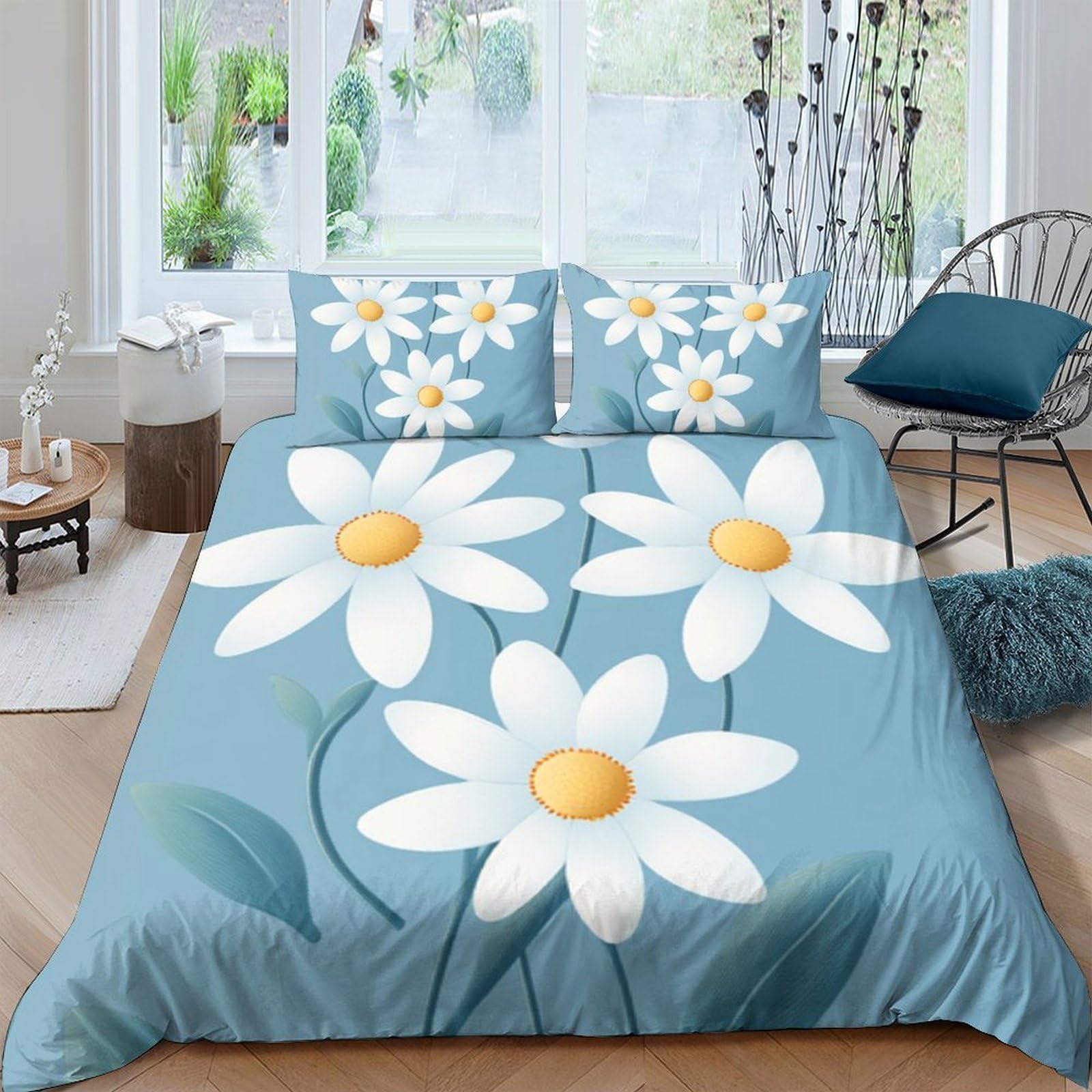 Ctjqhvkz Style-6 3D Printed Daisy Flower Fitted Sheet Microfiber Blue Bed Cover For Bedroom Guestroom Soft Washable Decor Single（135X200cm）