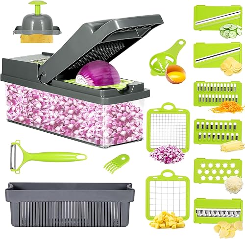 Obsoorth Picador de verduras con recipiente 14 en 1 de gran capacidad, antideslizante, duradero, para cocina, multifuncional, mandolina, rebanador