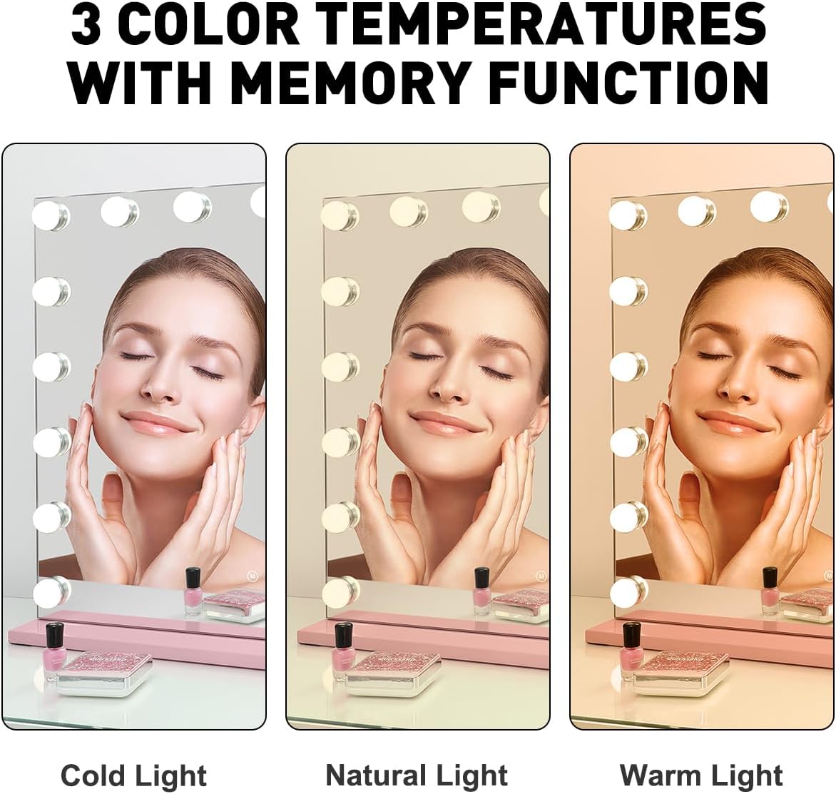 HOMPEN Hollywood Vanity Mirror Makeup Mirror with Lights, Touch Screen, 3 Color Modes Frameless Tabletop Mirror with 17 Dimmable Bulbs, Pink