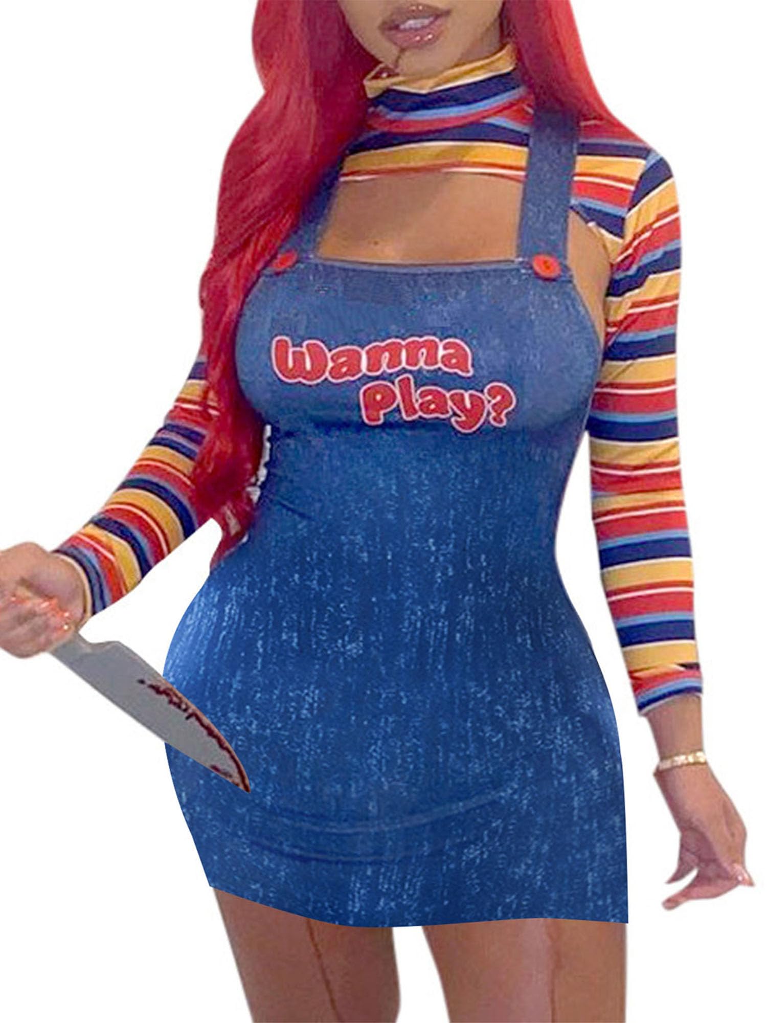 Springcmy Women 2 Pcs Halloween Cosplay Costumes Scary Nightmare Killer Doll Wanna Play Movie Character Dress Chucky Doll Costume Set (B2-Blue, M) — image 1