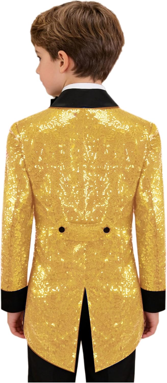 Boys Sequin Tuxedo Jacket Tails Fitted Tailcoat Dress Coat Swallowtail Dinner Party Wedding Blazer Suit Jacket