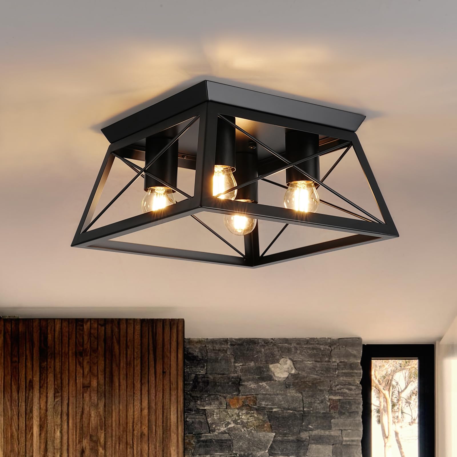 4 flammig Deckenleuchte Schwarz E27 Moder Industrial Quadrat Metall | Vintage Deckenleuchte für Wohnzimmer Schlafzimmer Küche Eingang - Keine Glühbirne