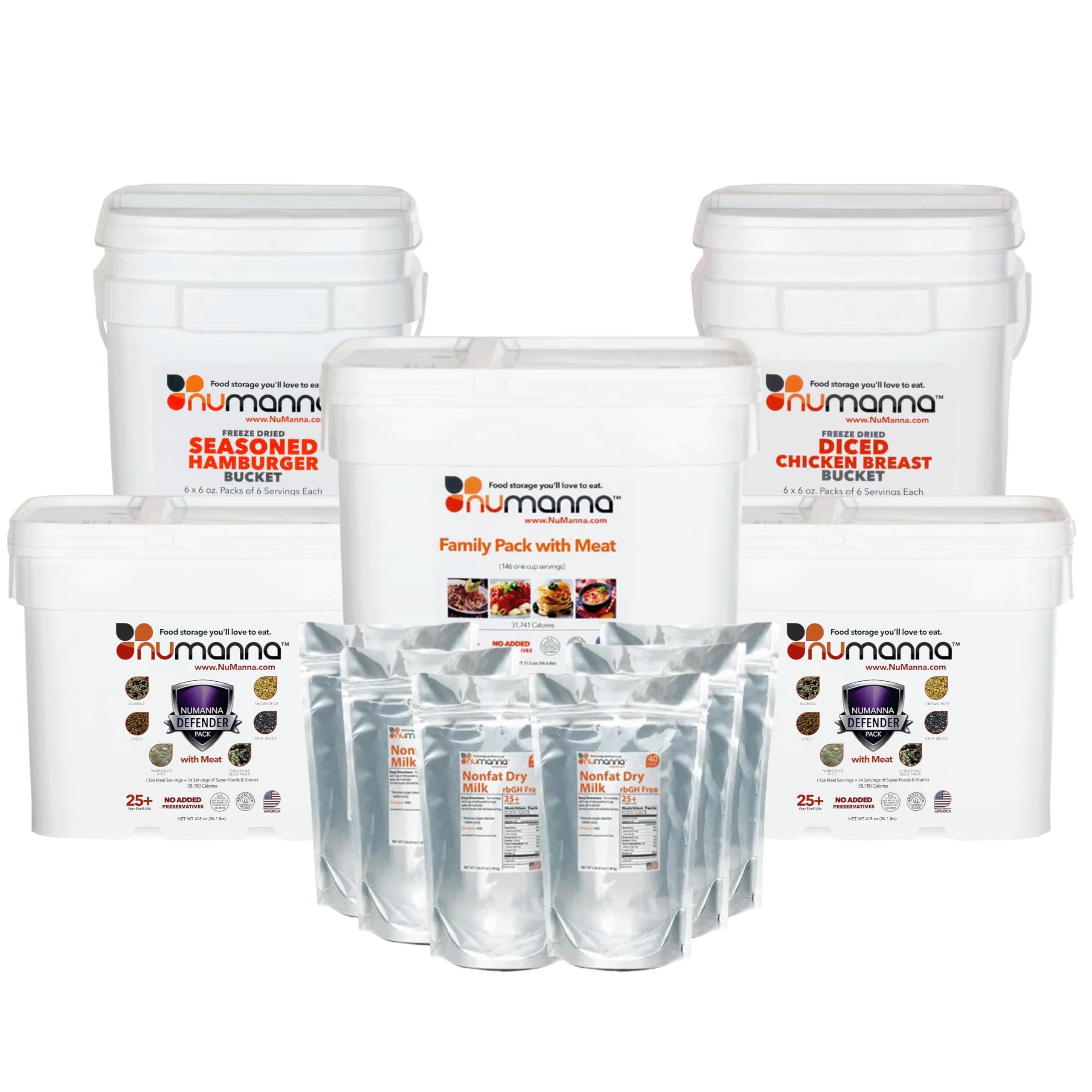 Numanna Survival Kit 850 Servings Contains 1 Family Pack with Meat, 1 Diced Chicken, 1 Ground Beef, 2 Defender Nutritive Packs with Meat Buckets and 6-Pack of Hormone-Free Milk Powder Pouches